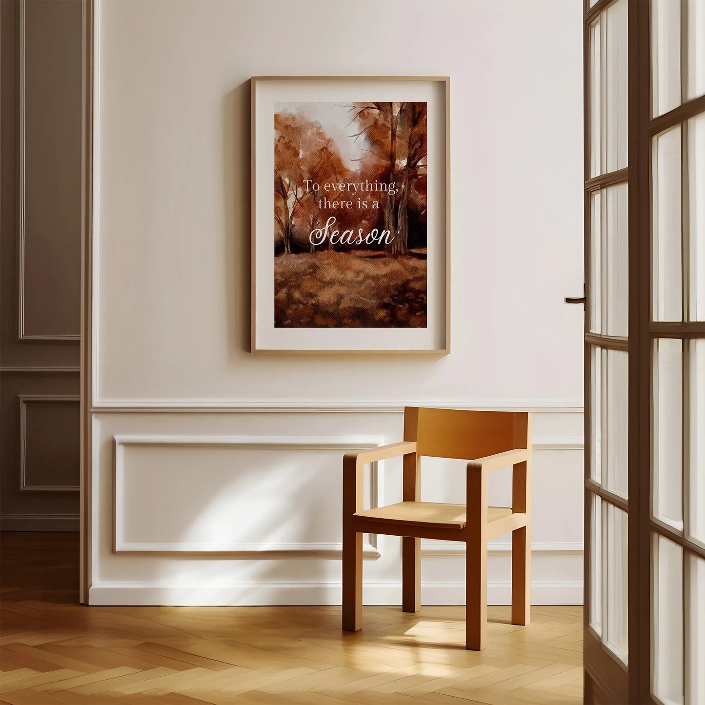 To Everything There Is a Season Art Print framed in modern entryway, autumn watercolor scripture digital download wall decor