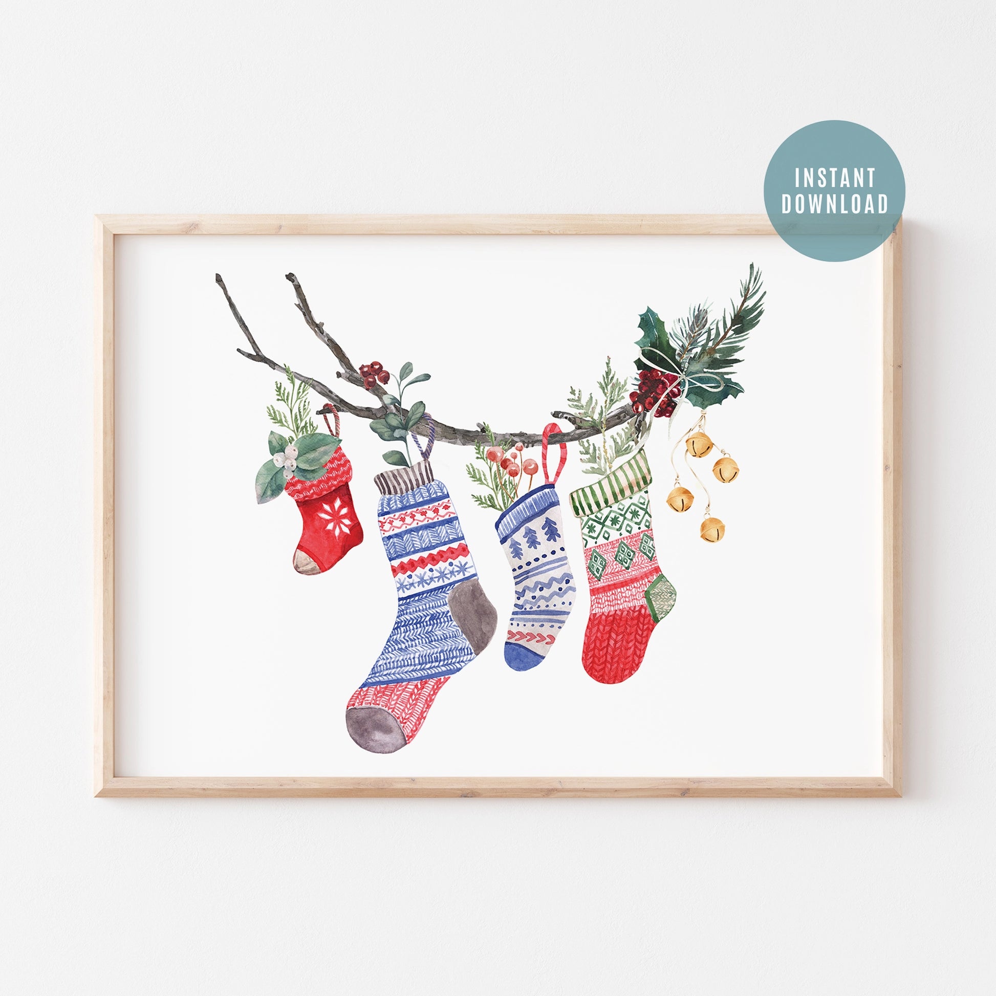 Watercolor Christmas Stocking and Botanical - DIGITAL DOWNLOAD