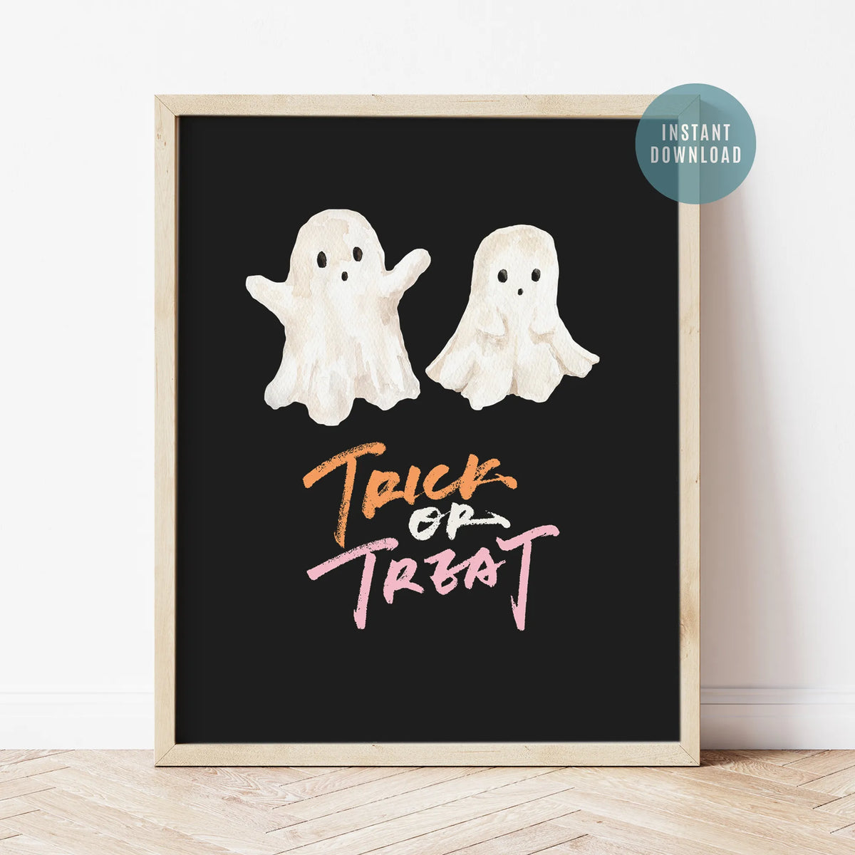 Trick or Treat Ghost Printable watercolor art with two cute ghosts on black background.