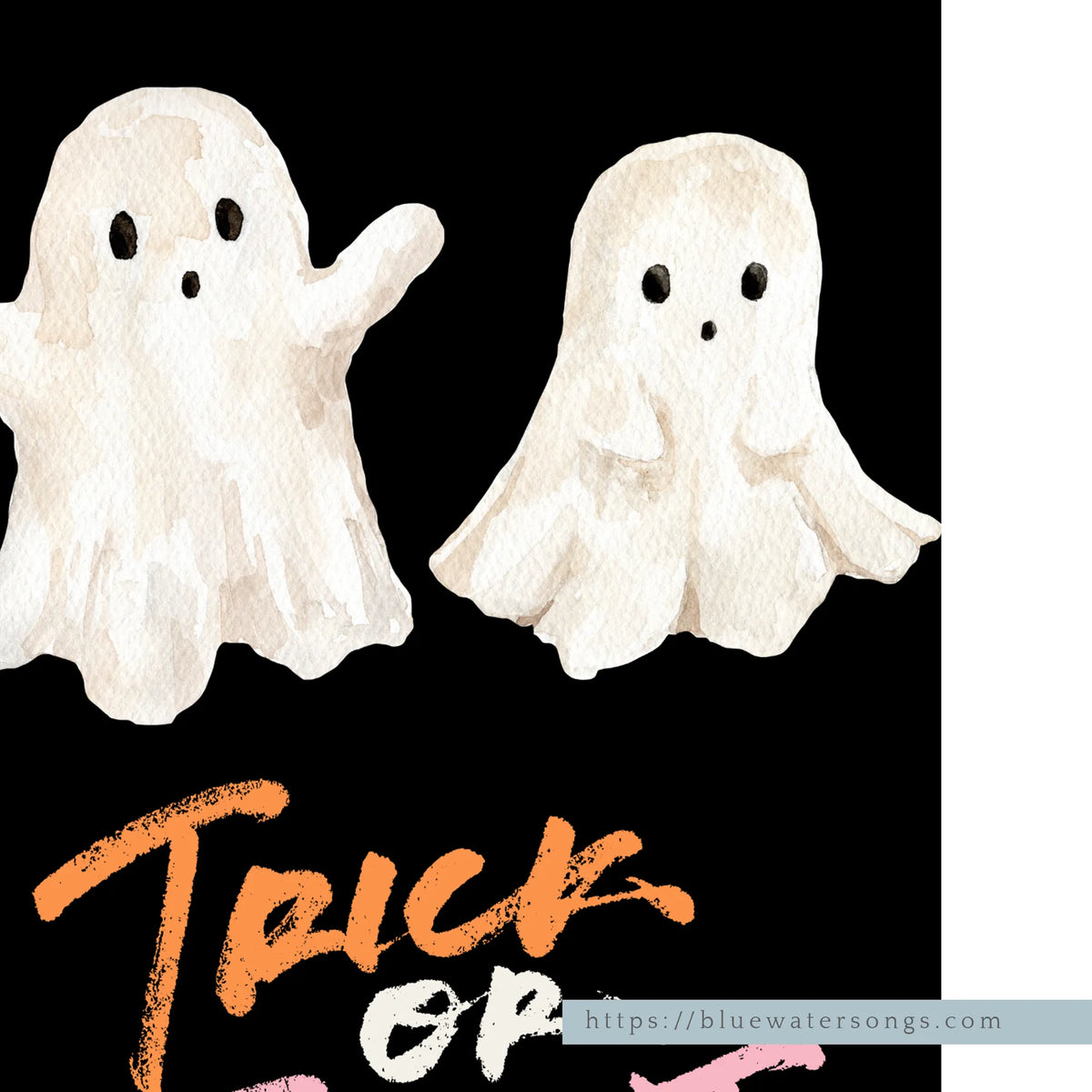 Close-up of Trick or Treat Ghost Printable featuring two watercolor ghosts and orange lettering.