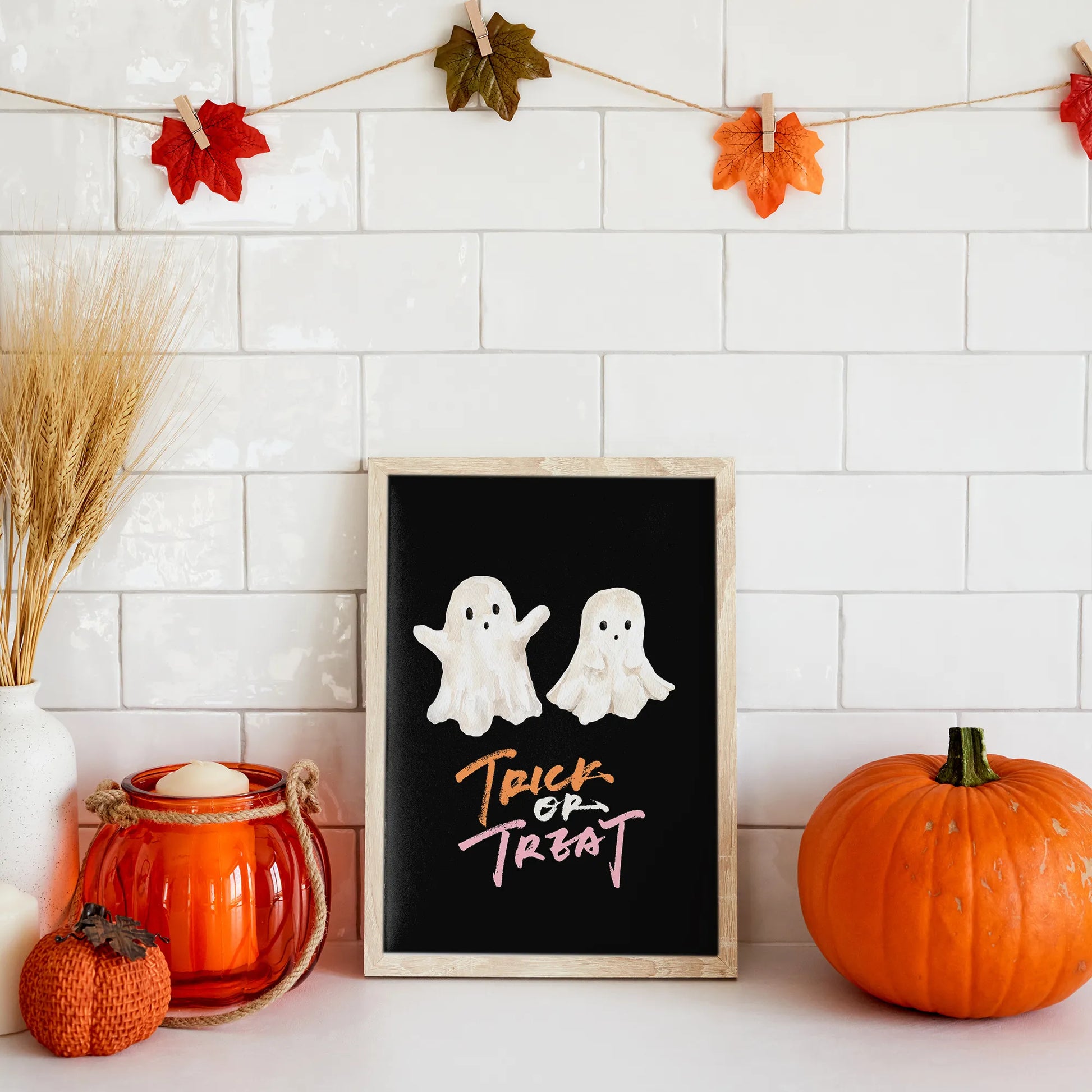 halloween decoration with Watercolor Cute Ghost Halloween art print from Blue Water Songs and pumpkins