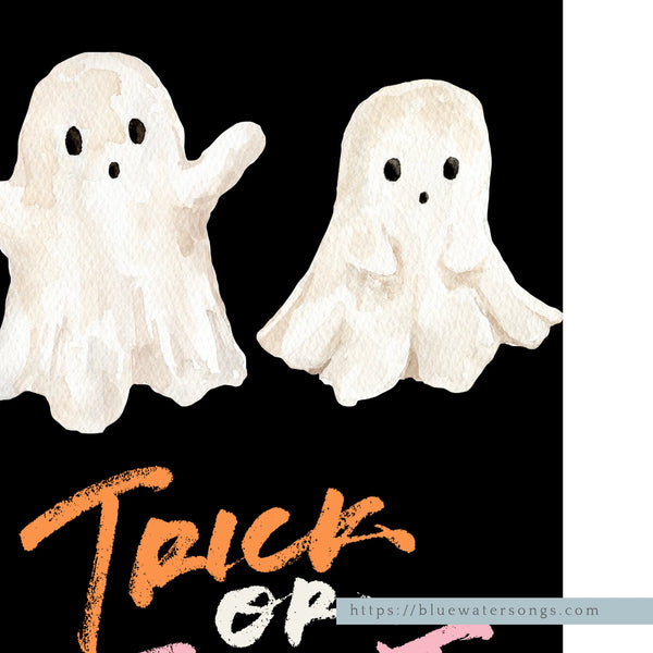 close look of Watercolor Cute Ghost Halloween art print from Blue Water Songs 
