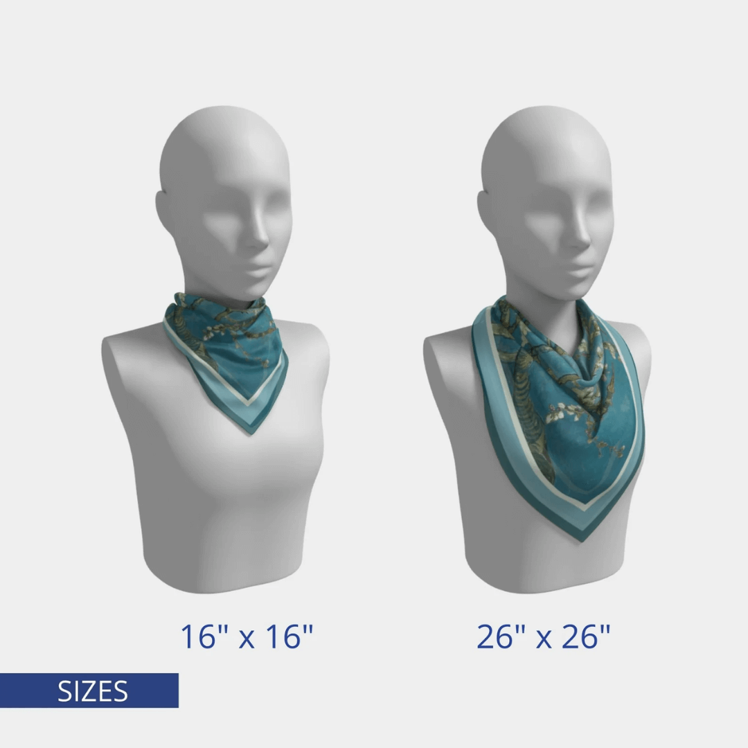 Van Gogh Scarf Almond Blossom displayed in 16x16 and 26x26 sizes on mannequin heads.