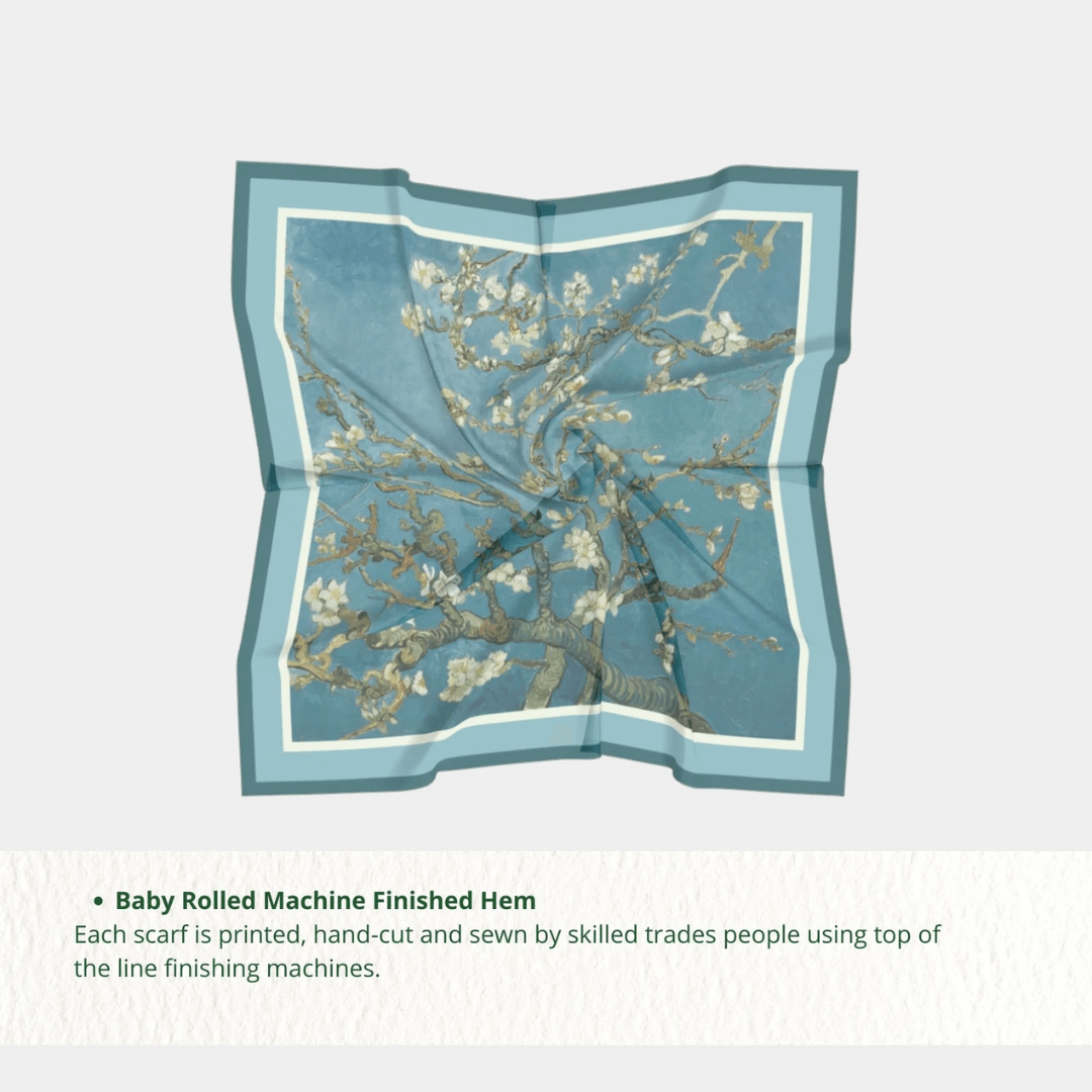 Van Gogh Scarf Almond Blossom featuring almond blossoms on a light blue background in a stylish square design.