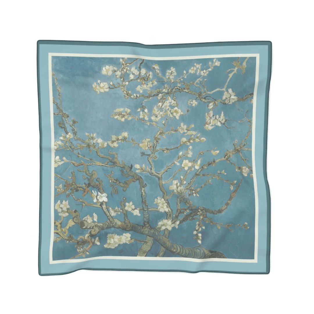 Van Gogh Scarf Almond Blossom featuring almond blossoms on a blue background, inspired by Van Gogh's 1890 artwork.