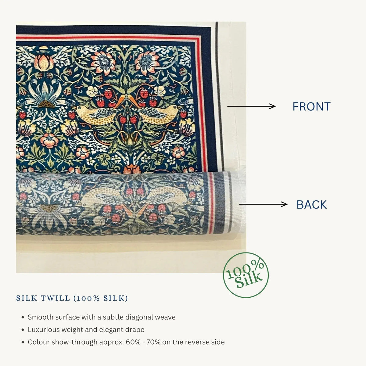 Custom Printed Silk Scarves showing front and back view of a silk twill design, highlighting luxurious texture and color.