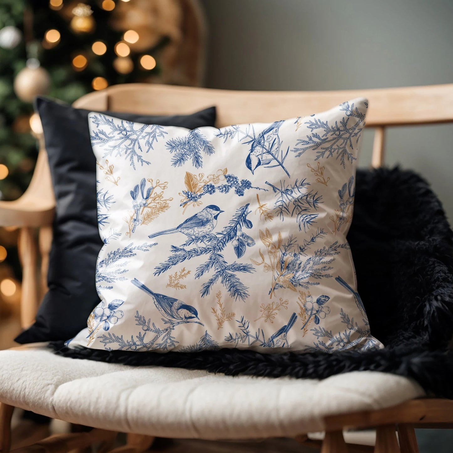 White pillow with blue birds and gold botanicals on wooden chair, holiday decor with Christmas tree
