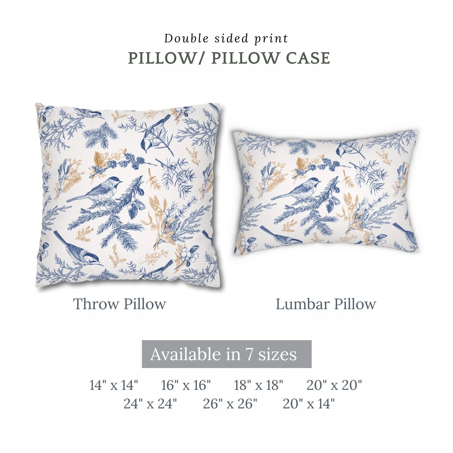 Vintage blue bird botanical winter pillow and lumbar cushion available in 7 sizes, double-sided print