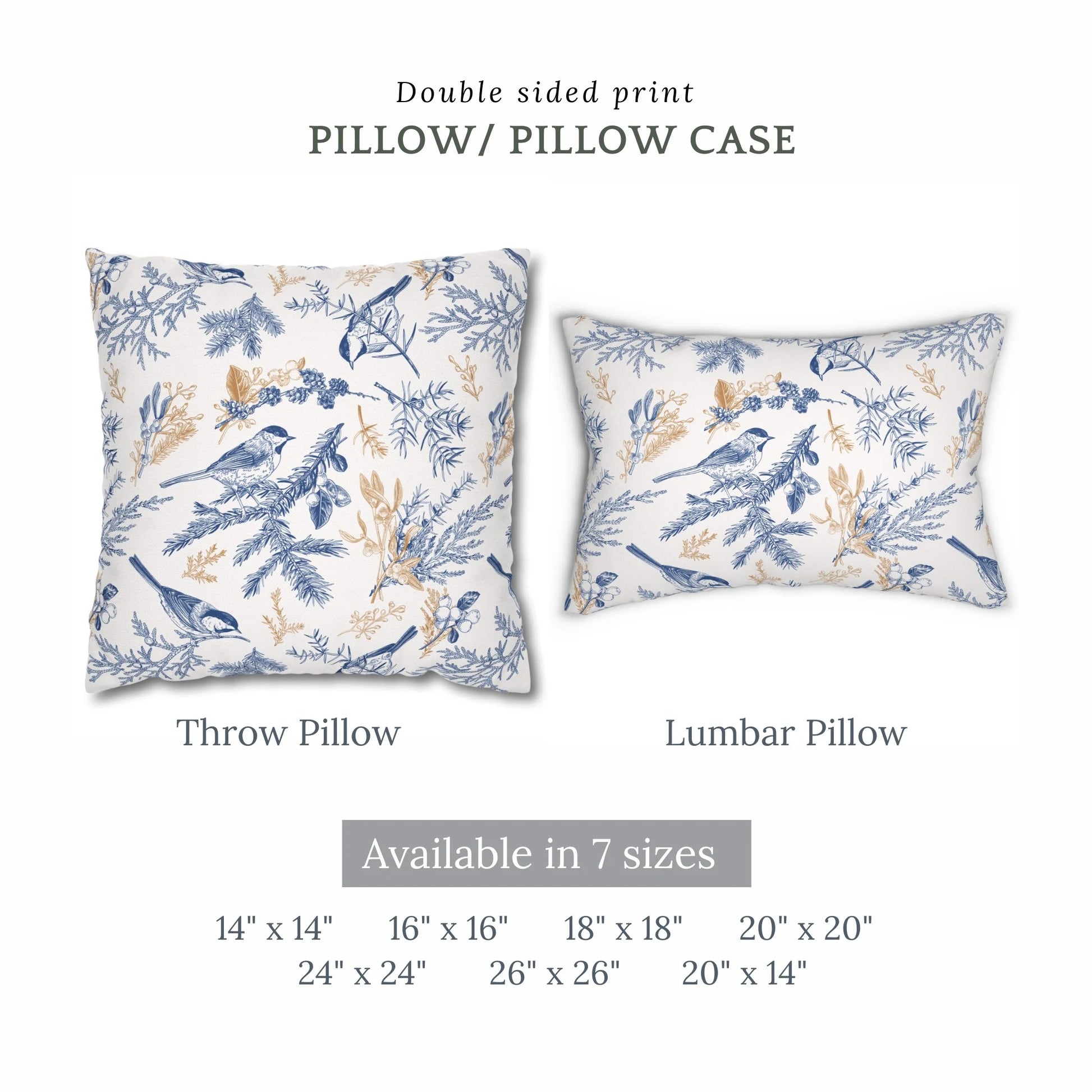 Vintage blue bird botanical winter pillow and lumbar cushion available in 7 sizes, double-sided print