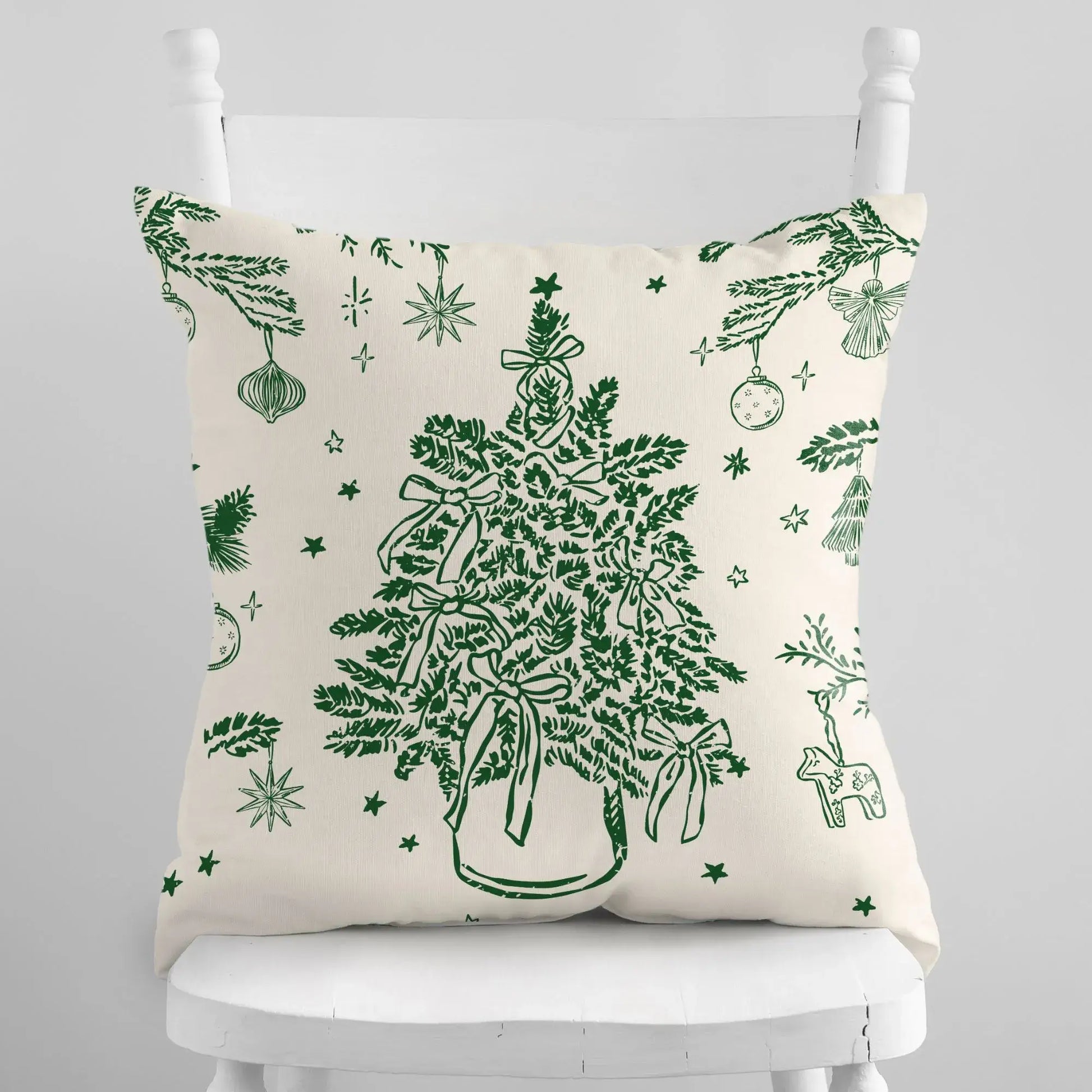 Vintage botanical Christmas tree pillow cover in green pattern on white background