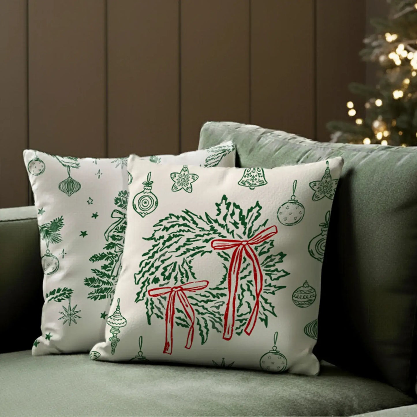 Retro Christmas Pillow with green wreaths and red bows on soft ivory fabric, perfect vintage holiday decor.