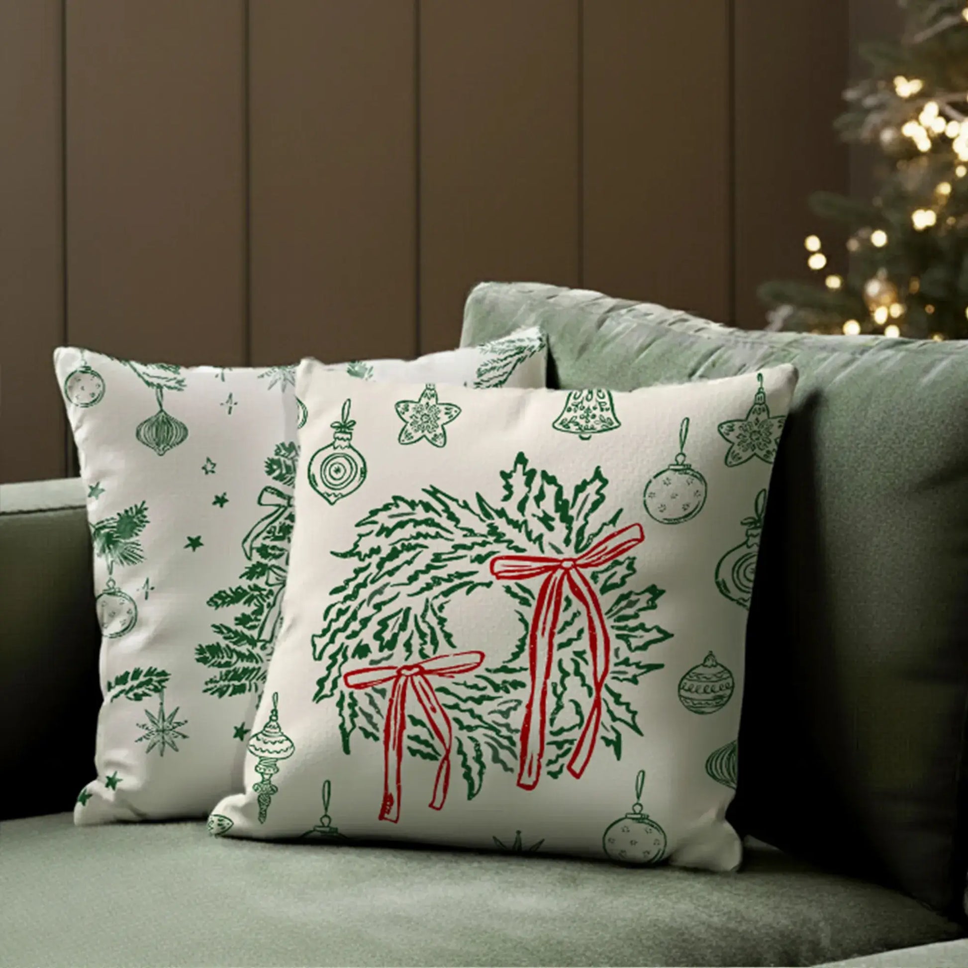 Retro Christmas Pillow with green wreaths and red bows on soft ivory fabric, perfect vintage holiday decor.