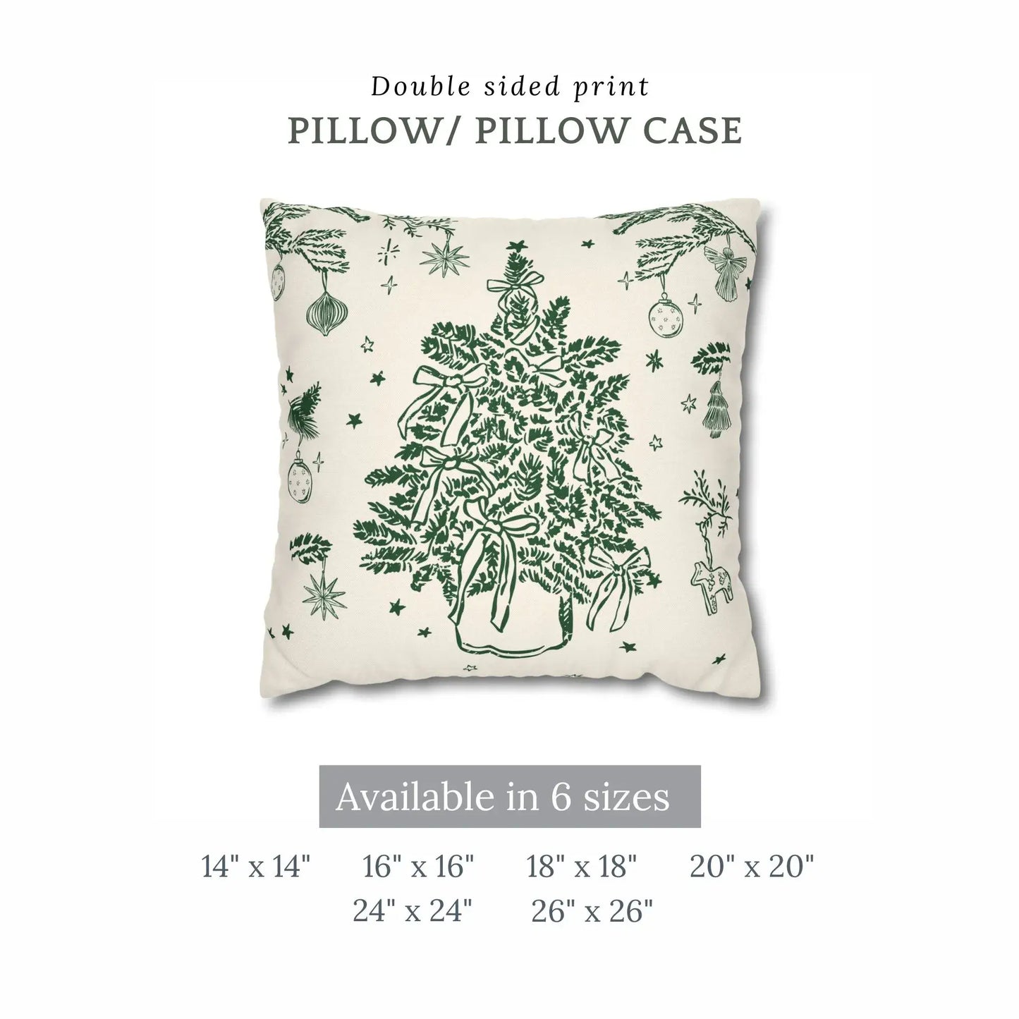 Vintage Christmas tree pillow cover with green botanical print, available in multiple sizes