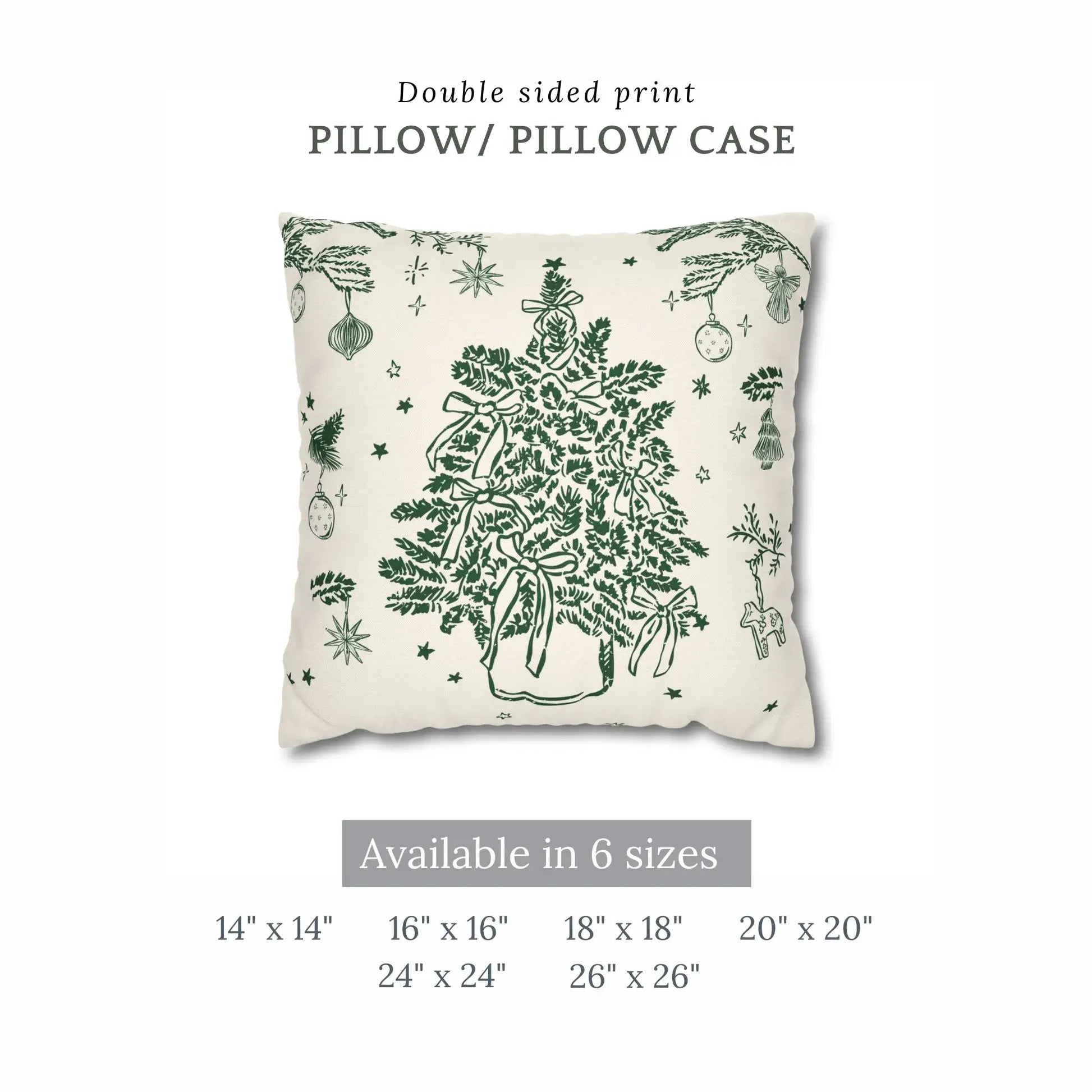 Vintage Christmas tree pillow cover with green botanical print, available in multiple sizes
