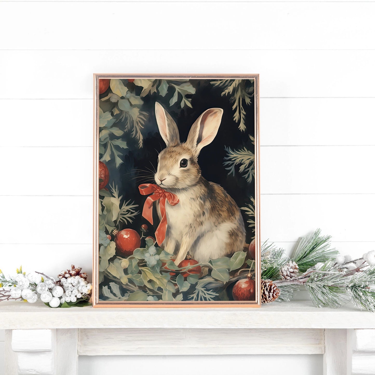 Vintage Rabbit Christmas wall art from Blue Water Songs placing on the white shelf