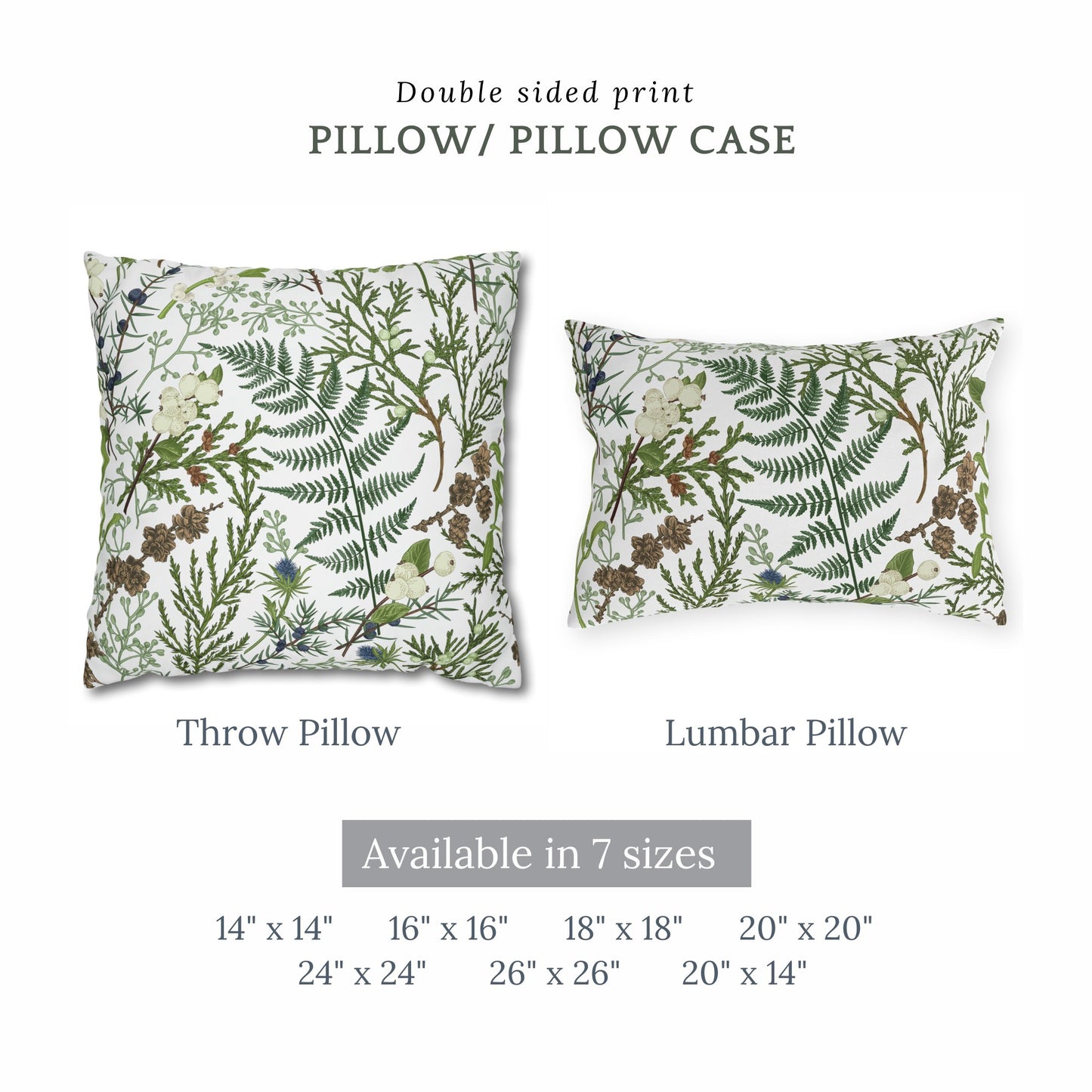 Vintage winter botanical throw pillow and lumbar pillow with green fern and berries, available in 7 sizes