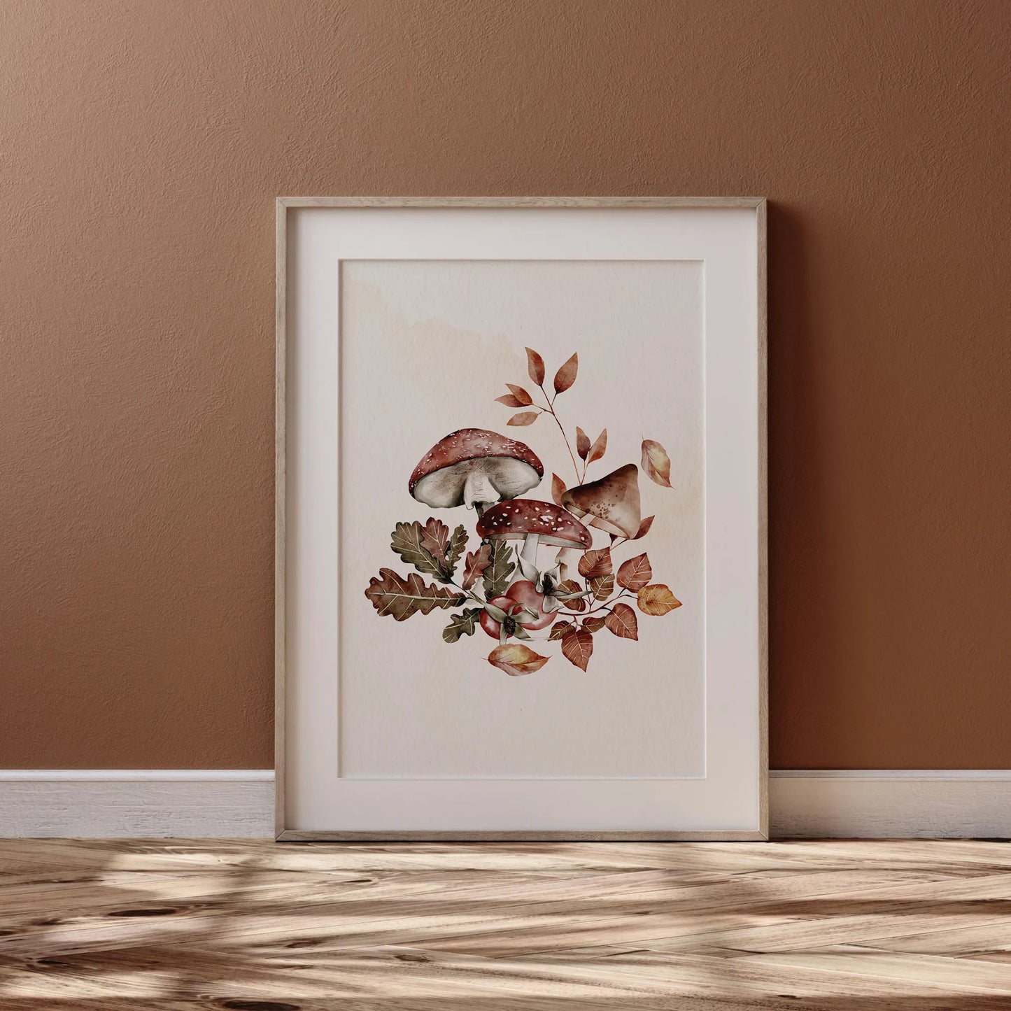 Watercolor Autumn mushrooms poster from Blue Water Songs placing against brown wall