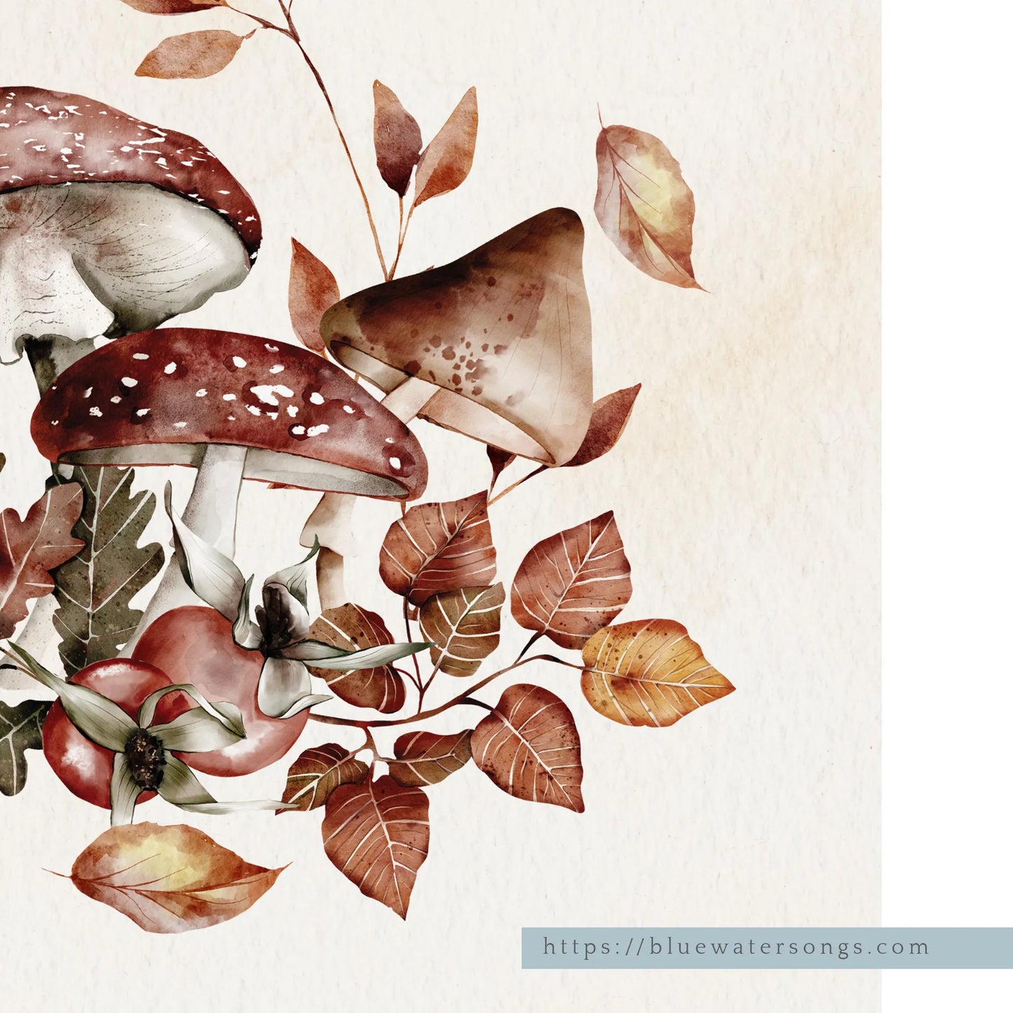 closer look of Watercolor Autumn mushrooms Art print- DIGITAL DOWNLOAD from Blue Water Songs