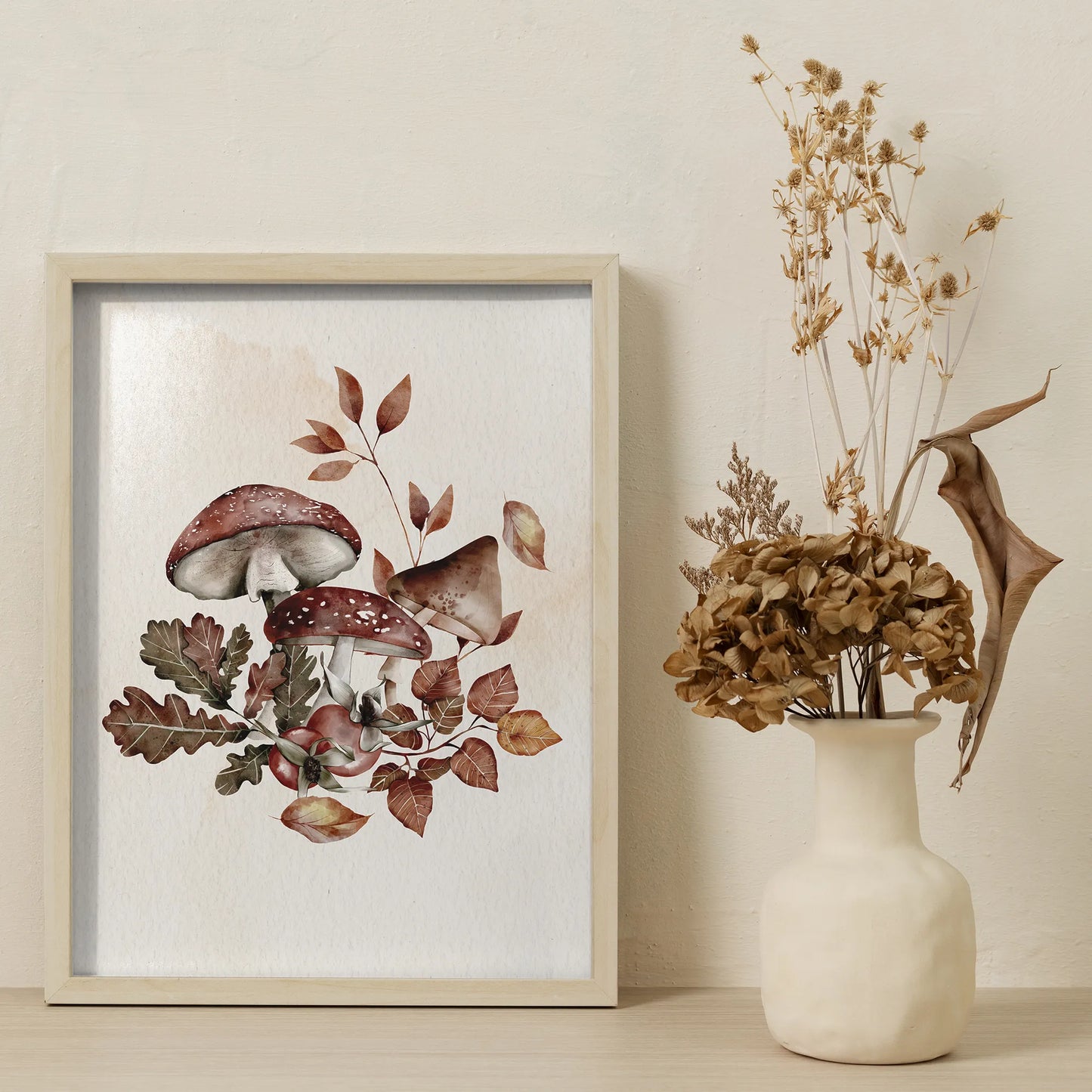 Watercolor Autumn mushrooms Art frame from Blue Water Songs next to dry flowers vase