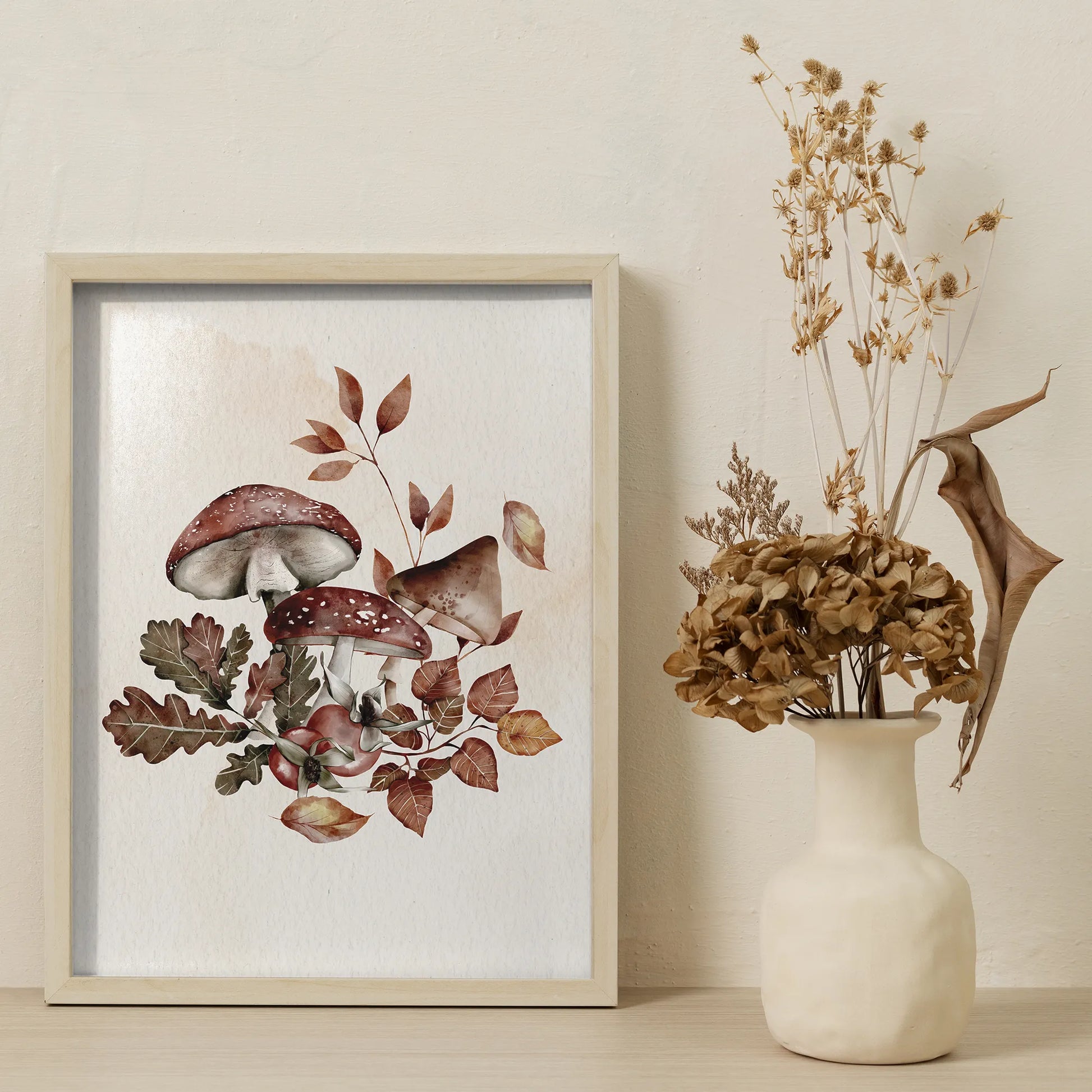 Watercolor Autumn mushrooms Art frame from Blue Water Songs next to dry flowers vase