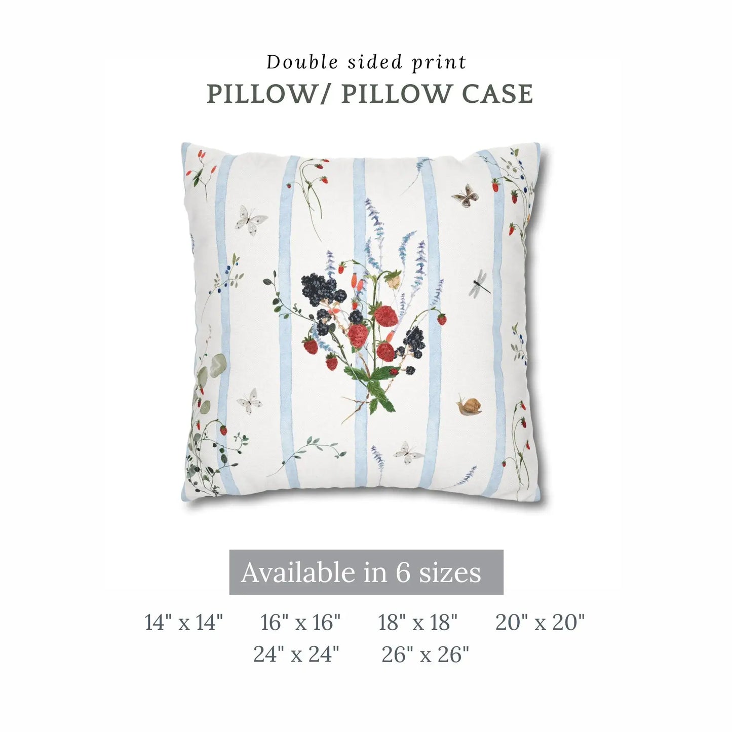 Watercolor Berry Botanical Pillow with strawberries and blackberries on a light blue striped background.