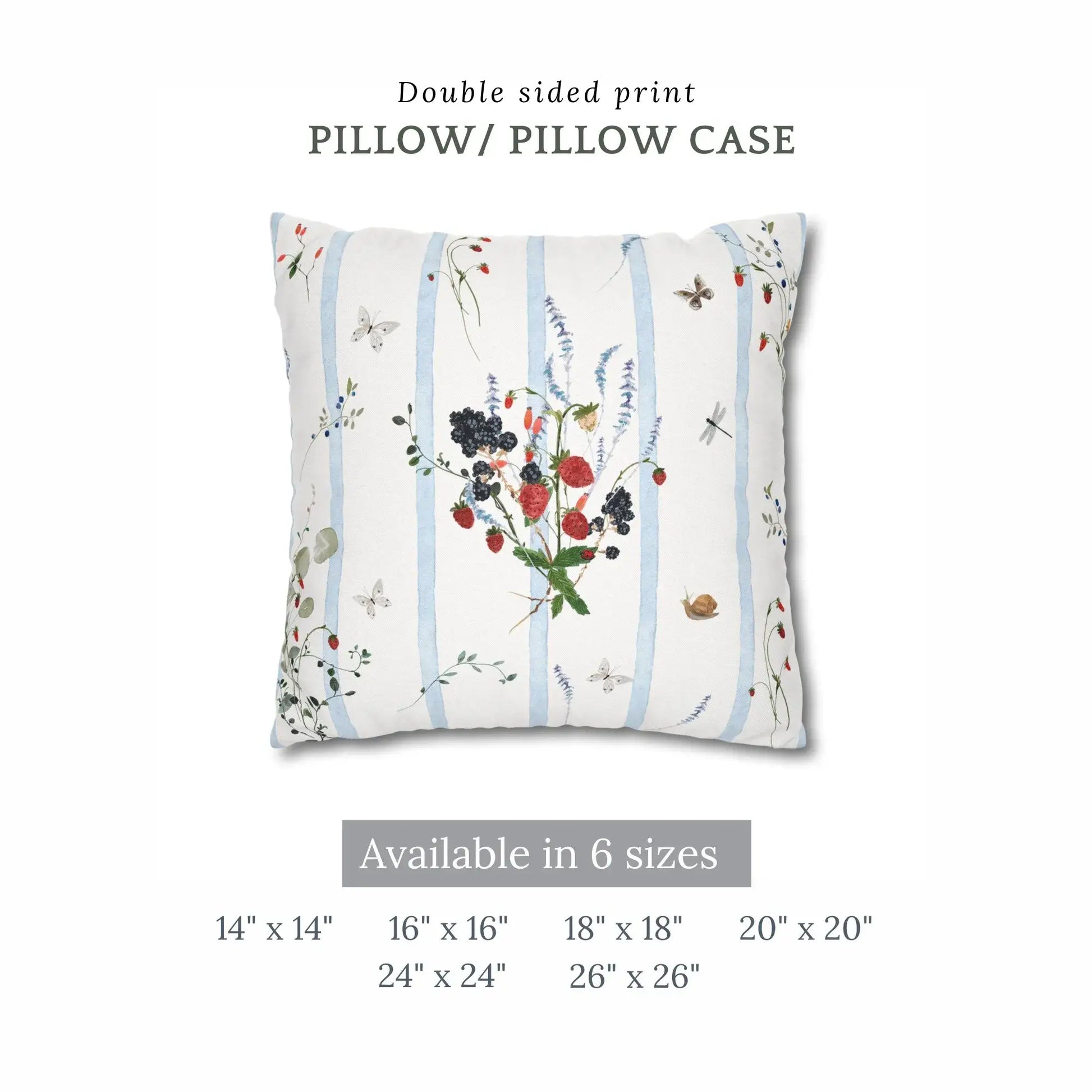 Watercolor Berry Botanical Pillow with strawberries and blackberries on a light blue striped background.