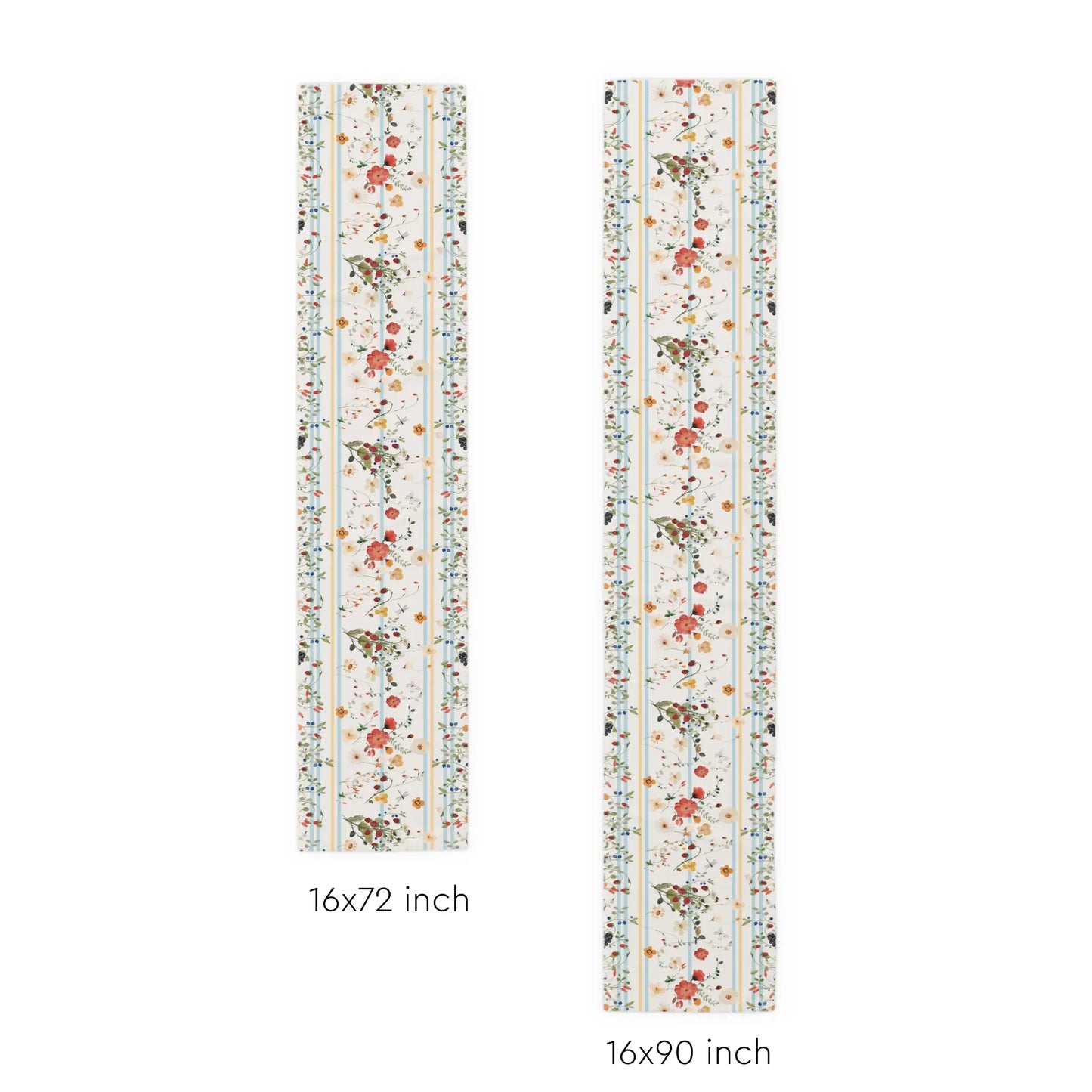 Watercolor Berry Botanical TABLE RUNNER in two sizes, showcasing watercolor strawberries and wildflowers in soft stripes.