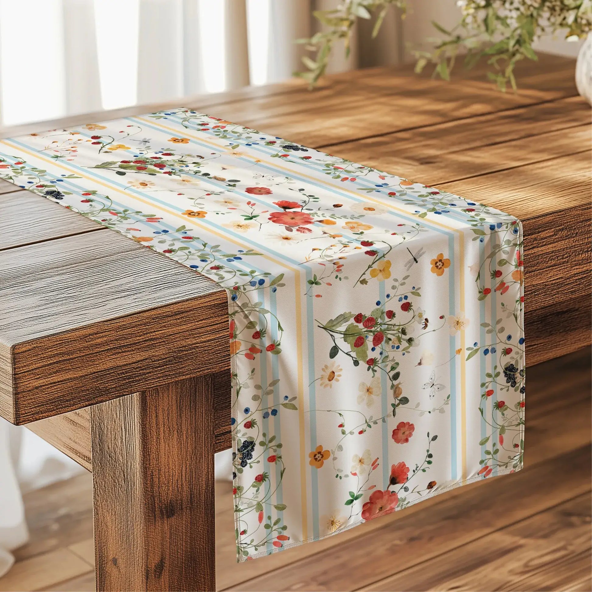 Watercolor Berry Botanical TABLE RUNNER on a wooden table with floral patterns and pastel stripes.