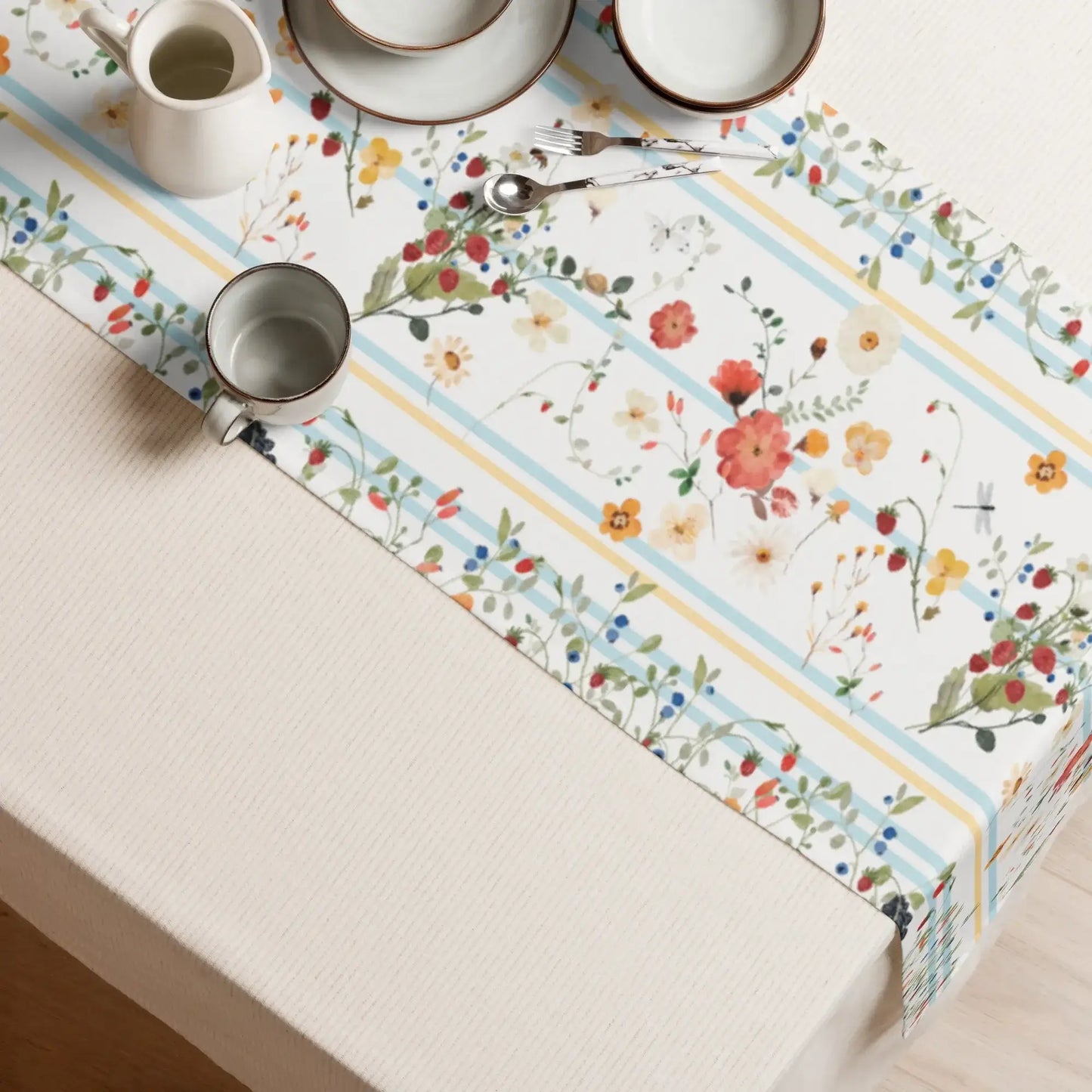 Watercolor Berry Botanical TABLE RUNNER on a dining table with dishes and flowers in a soft color palette.