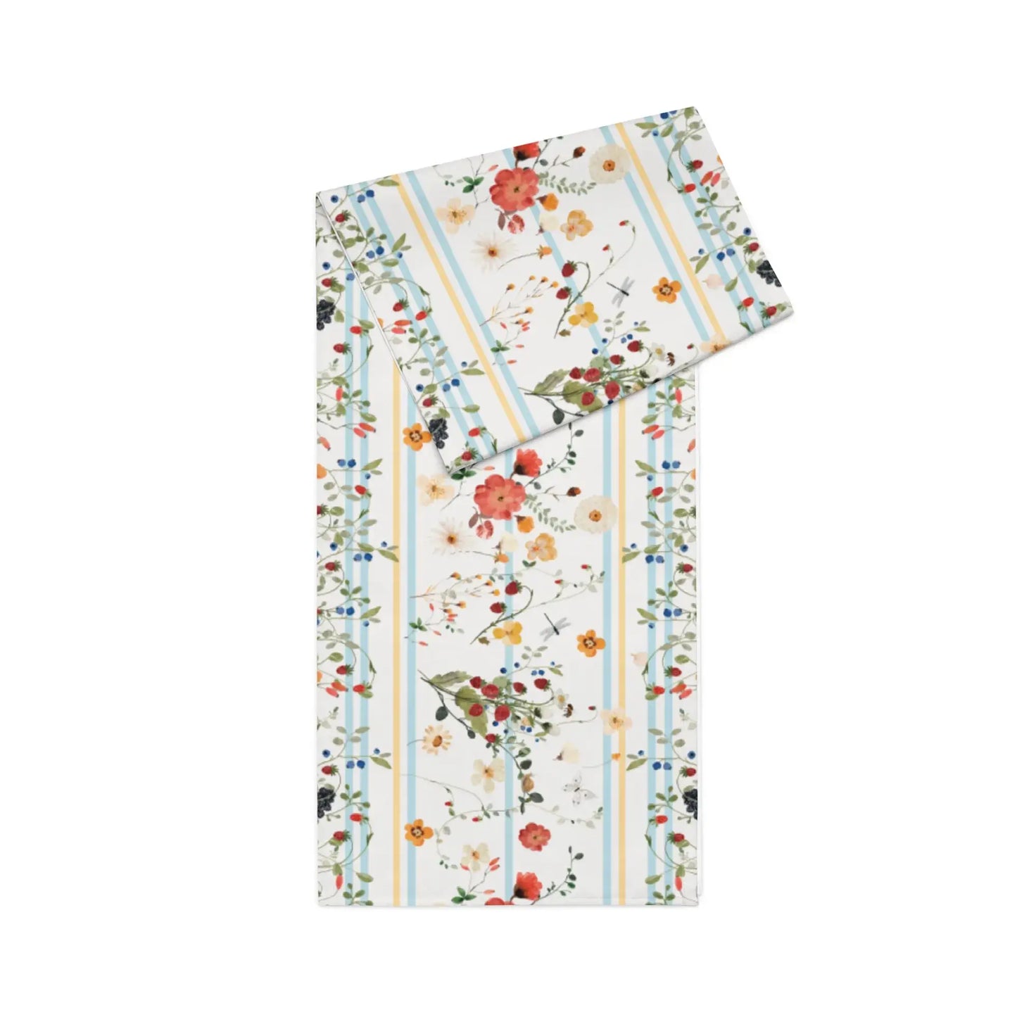Watercolor Berry Botanical TABLE RUNNER with colorful floral design and soft stripes for a fresh table setting.