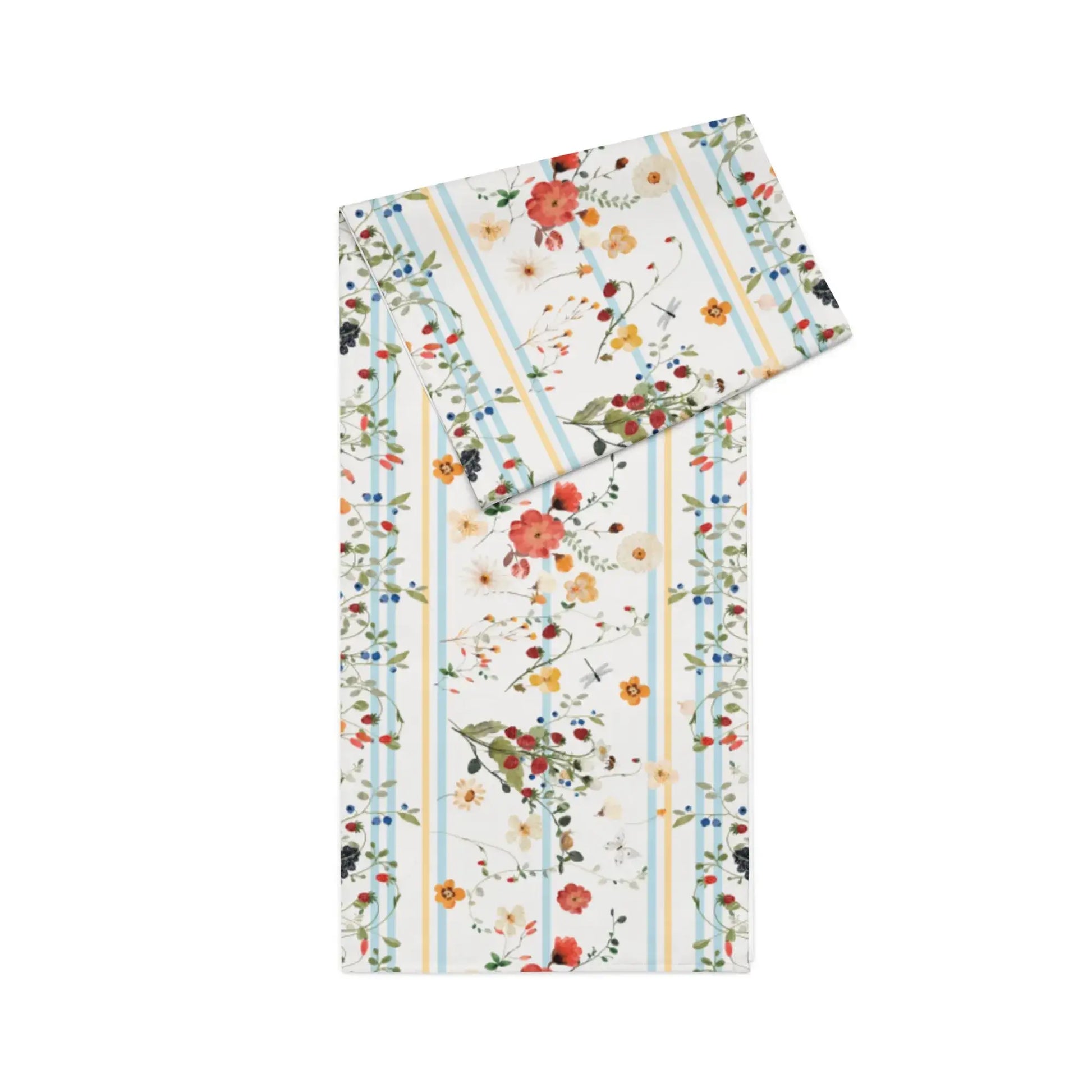 Watercolor Berry Botanical TABLE RUNNER with colorful floral design and soft stripes for a fresh table setting.