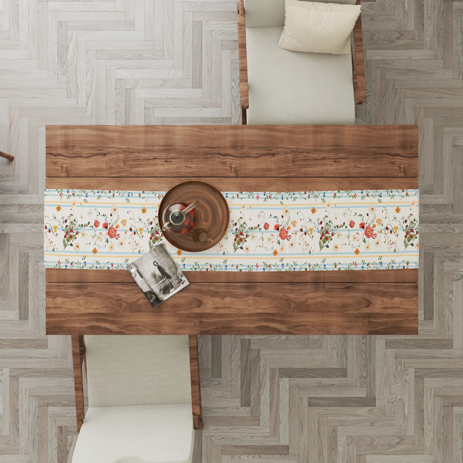 Watercolor Berry Botanical TABLE RUNNER styled on a wooden table with chairs and a decorative bowl.