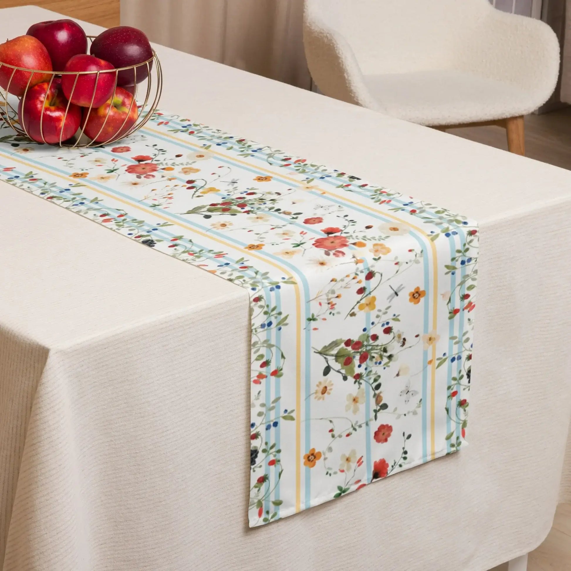 Watercolor Berry Botanical TABLE RUNNER displayed on a dining table with a fruit bowl.