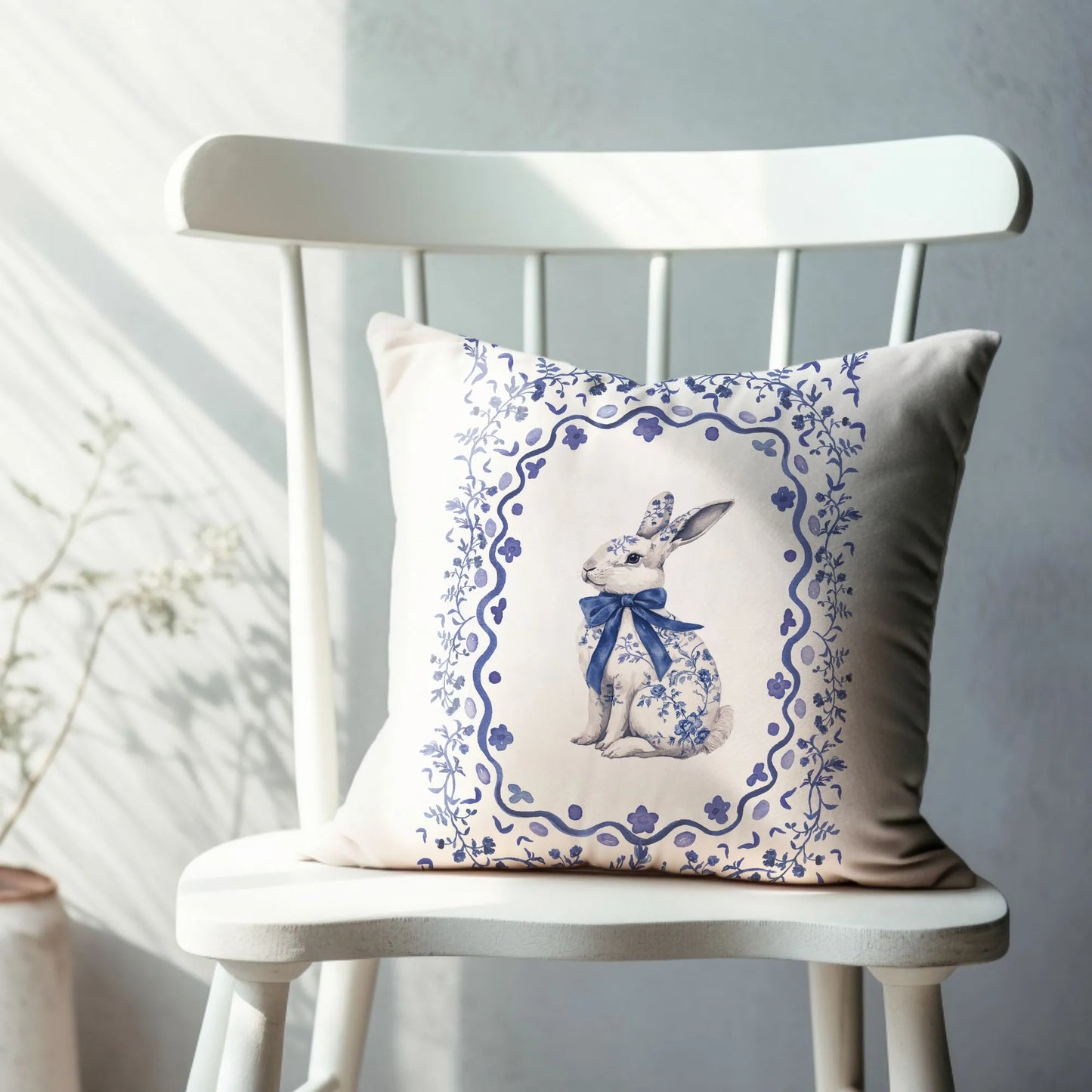 Elegant white pillow with a blue watercolor Chinoiserie rabbit and floral border, displayed on a white chair.