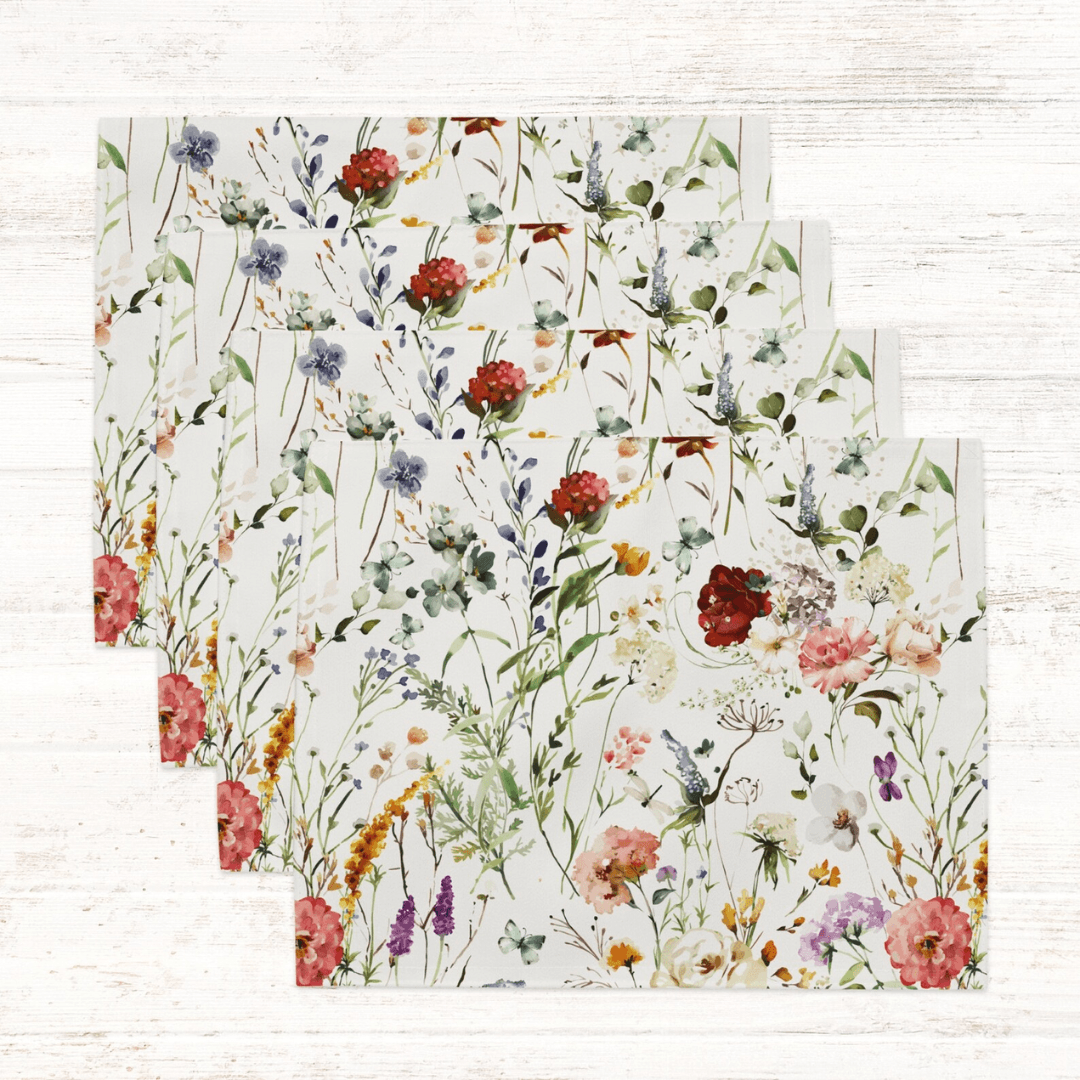 Watercolor Boho Wildflowers Placemat Set featuring vibrant floral designs on a white background.