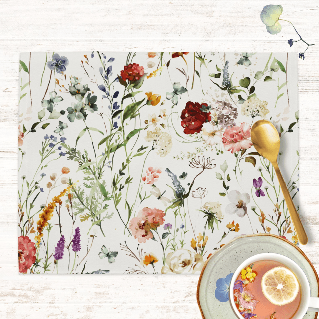 Watercolor Boho Wildflowers Placemat Set featuring colorful floral designs, perfect for enhancing dining tables.