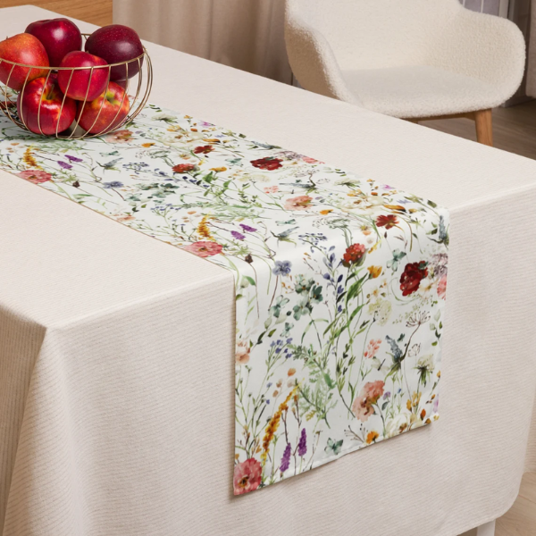 white cloth table with Watercolor Boho Wildflowers TABLE RUNNER from Blue Water Songs on it