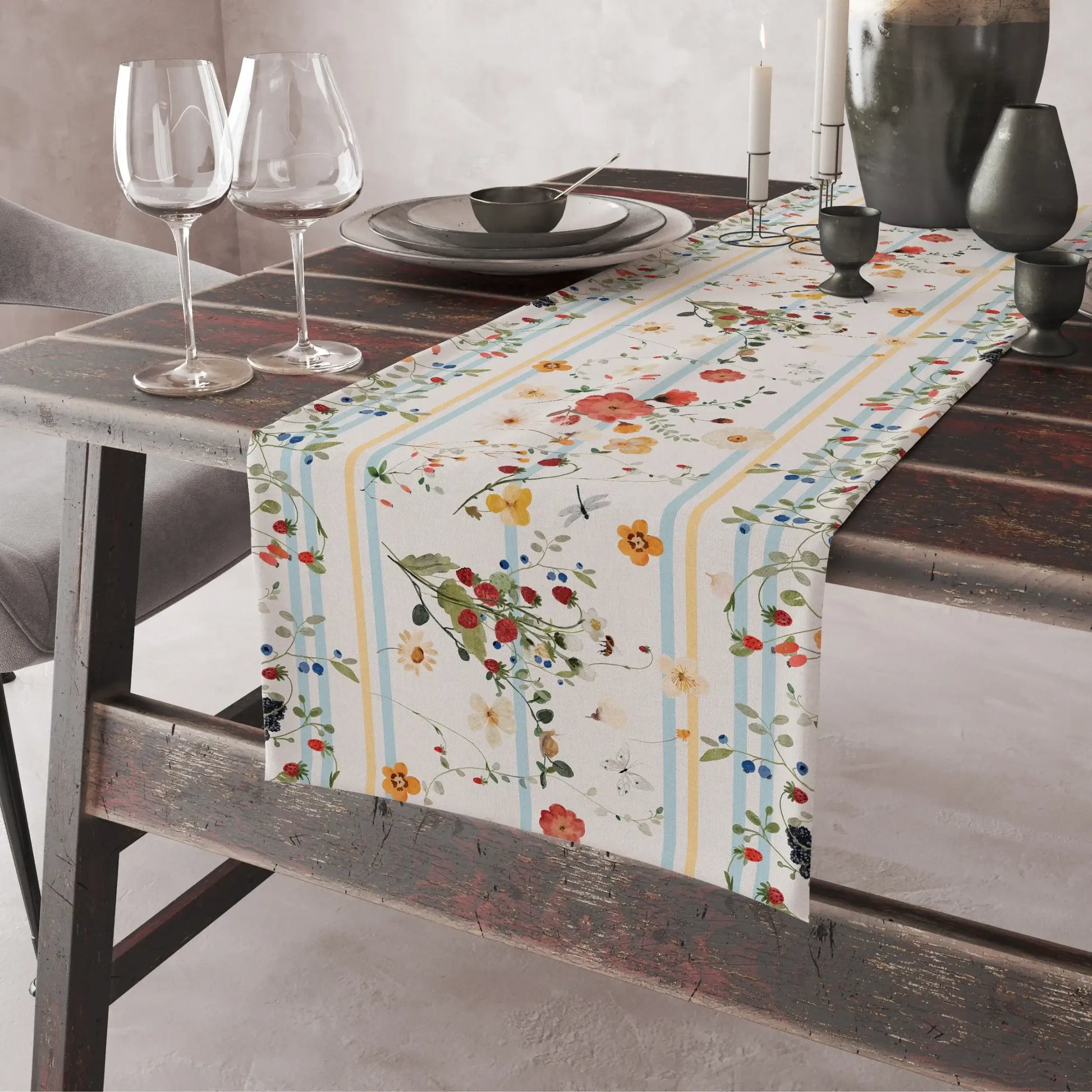 Watercolor Berry Botanical TABLE RUNNER on a rustic dining table, featuring floral patterns and soft colors.