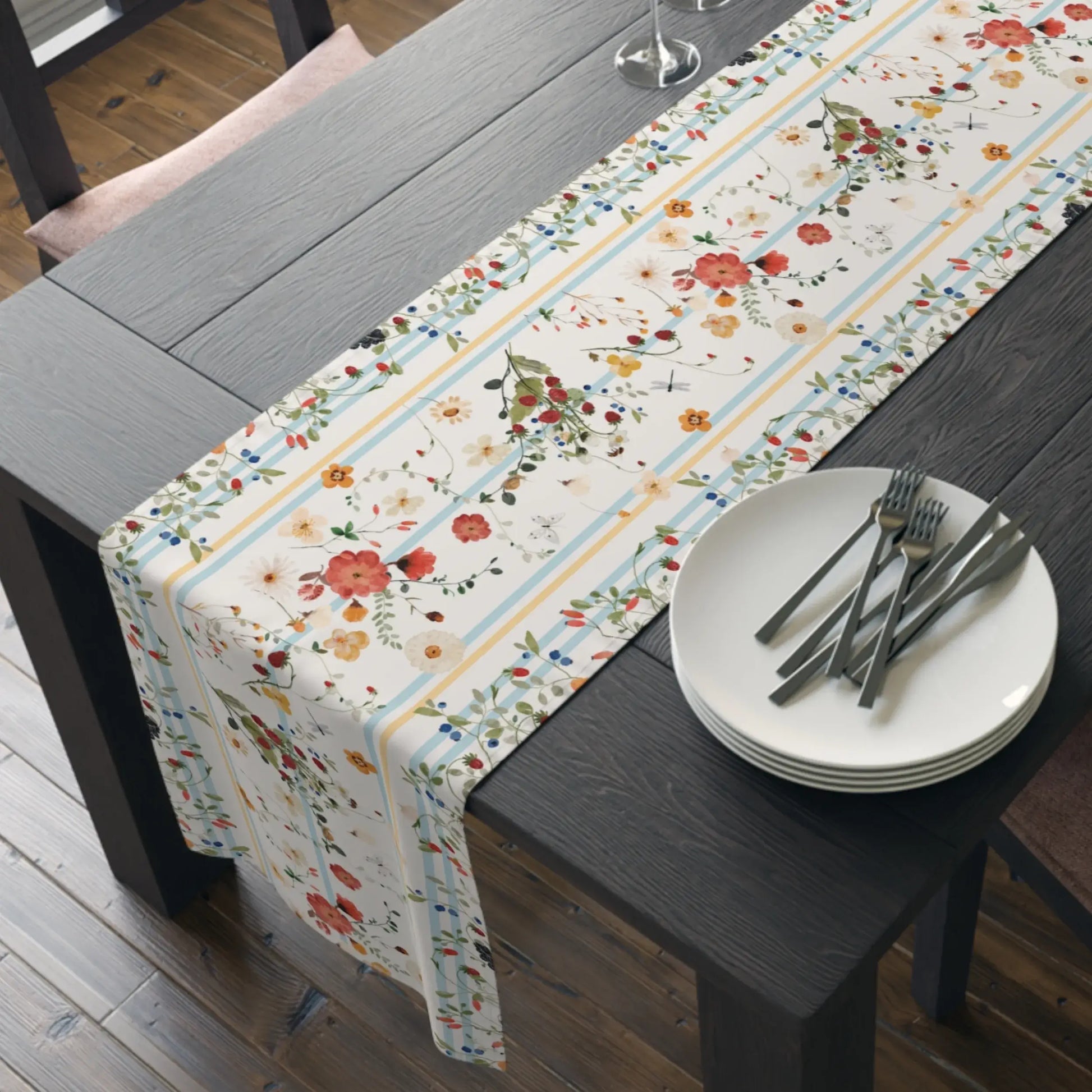 Watercolor Berry Botanical TABLE RUNNER on dining table with plates and utensils.