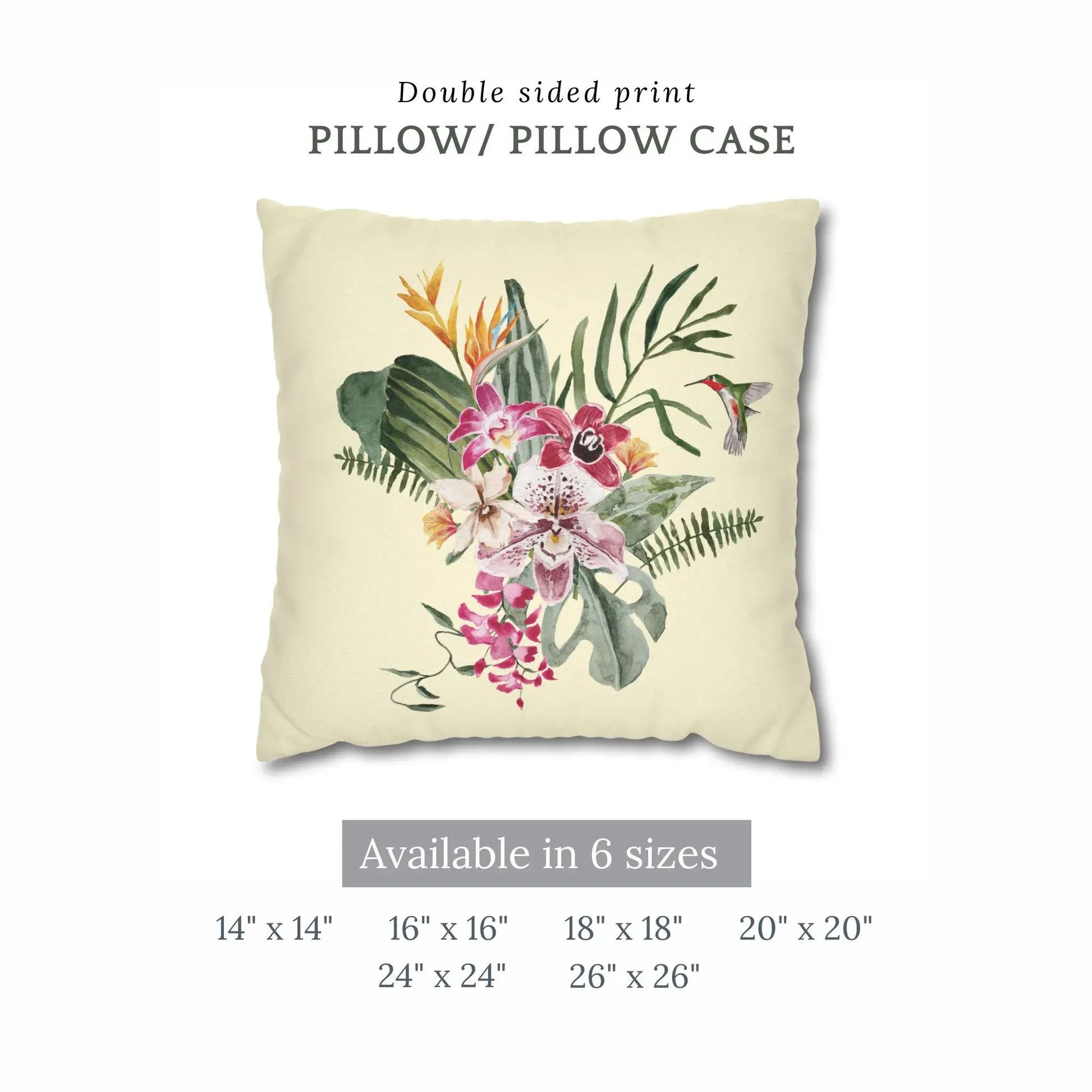 Watercolor Orchid & Hummingbird Pillow featuring vibrant orchids and a hummingbird on a cream background.