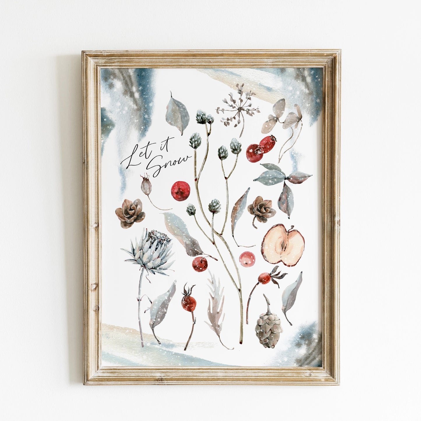 Botanical Christmas print art featuring watercolor designs and holiday elements, perfect for winter decor.