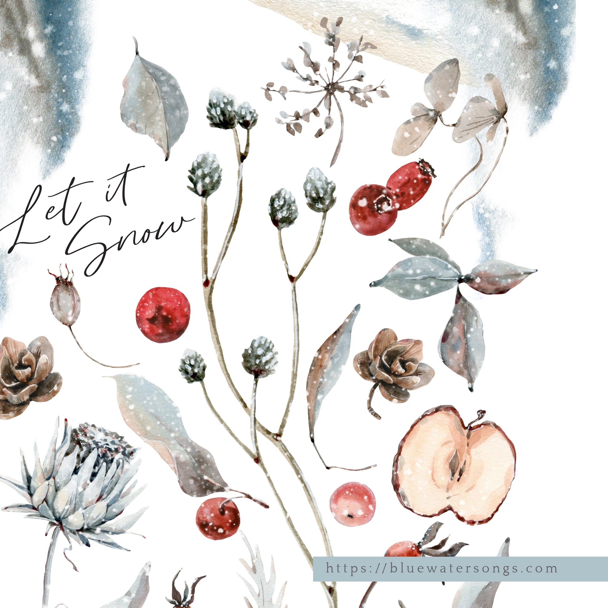 Watercolor Botanical Christmas print art featuring winter flora and holiday elements. Perfect for seasonal decoration.