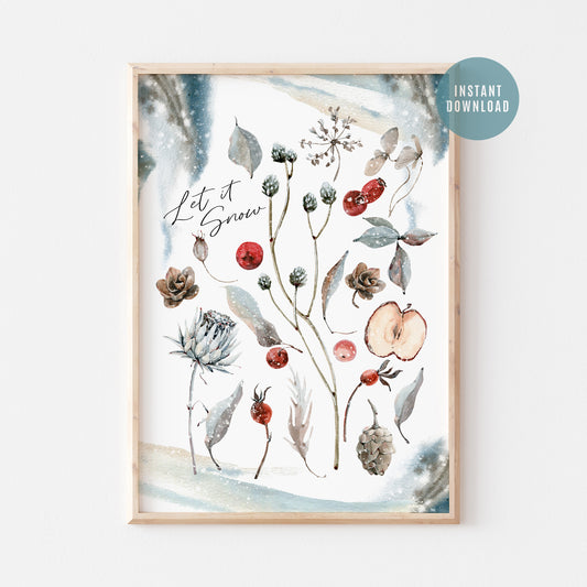 Botanical Christmas print art featuring watercolor plants and decorations with the phrase 'Let it Snow', perfect for winter decor.