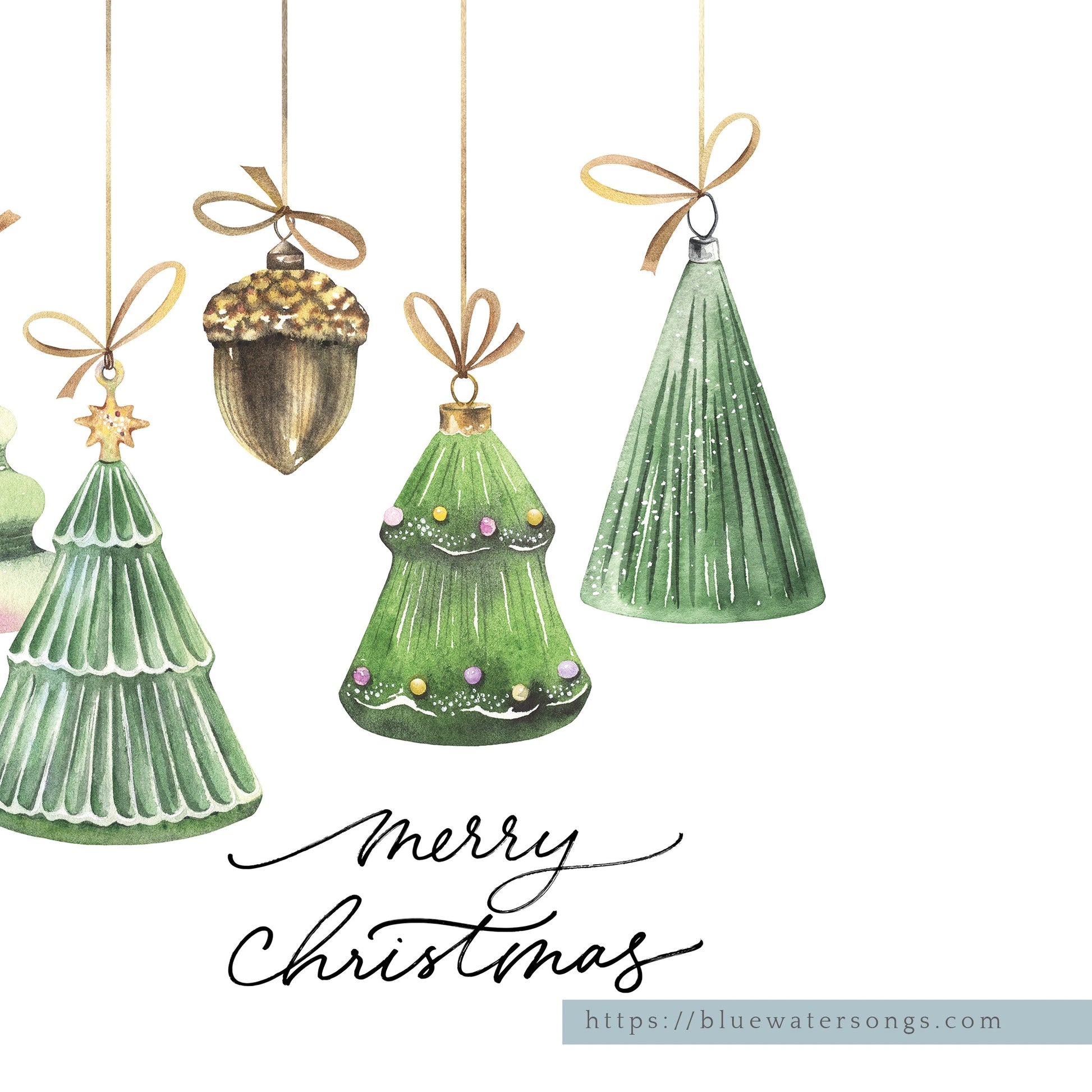 close up of Watercolor Christmas Ornaments Art print from Blue Water Songs