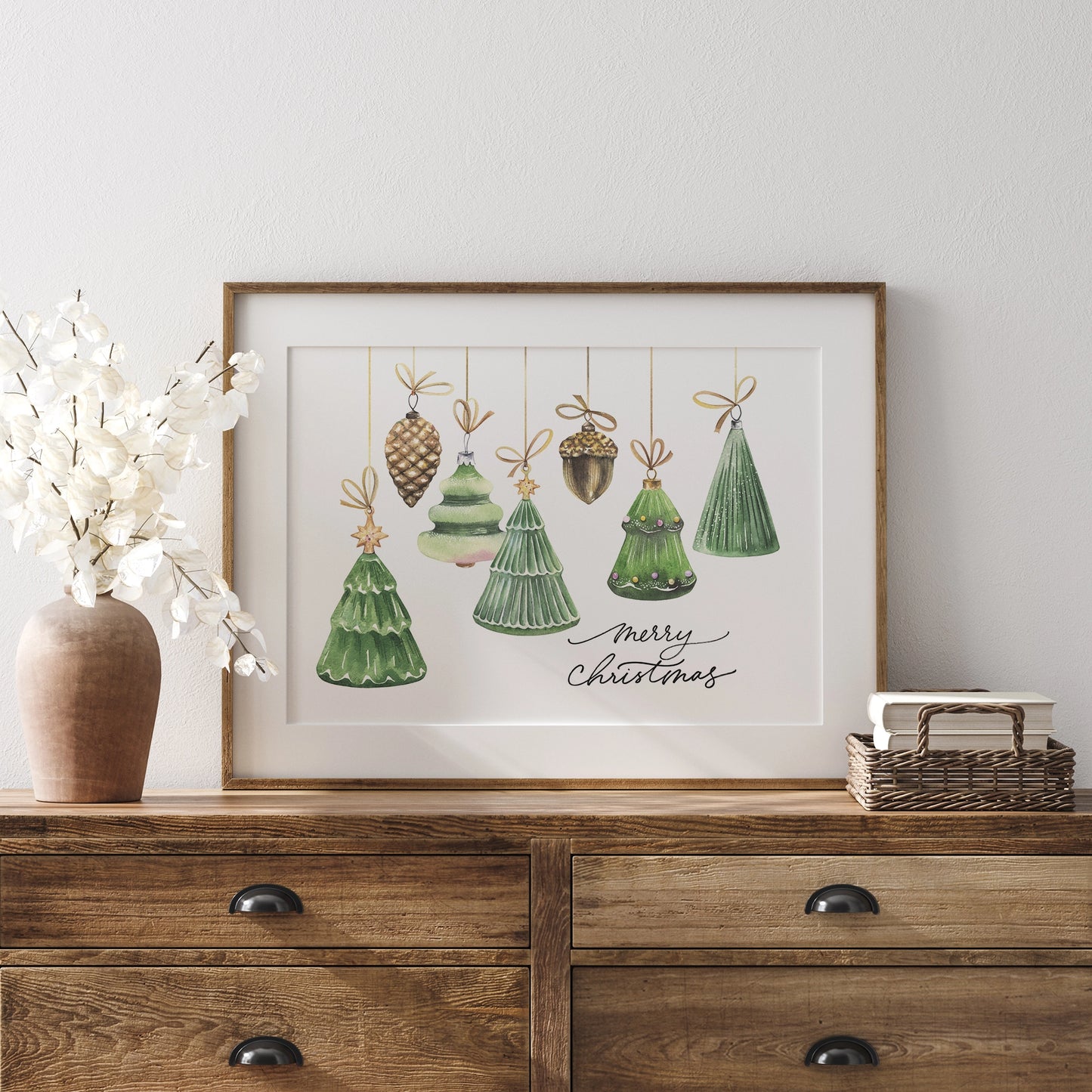 farmhouse cabinet with Blue Water Songs Watercolor Christmas ornaments poster on the top