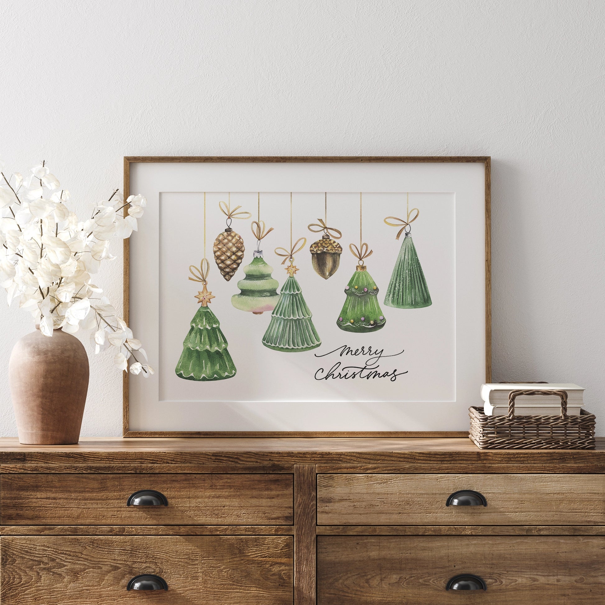 farmhouse cabinet with Blue Water Songs Watercolor Christmas ornaments poster on the top