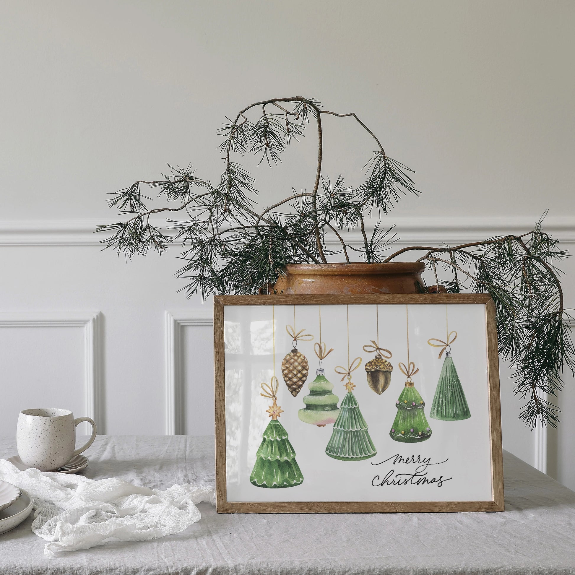 table christmas decor with Watercolor Christmas Ornaments Art print from Blue Water Songs