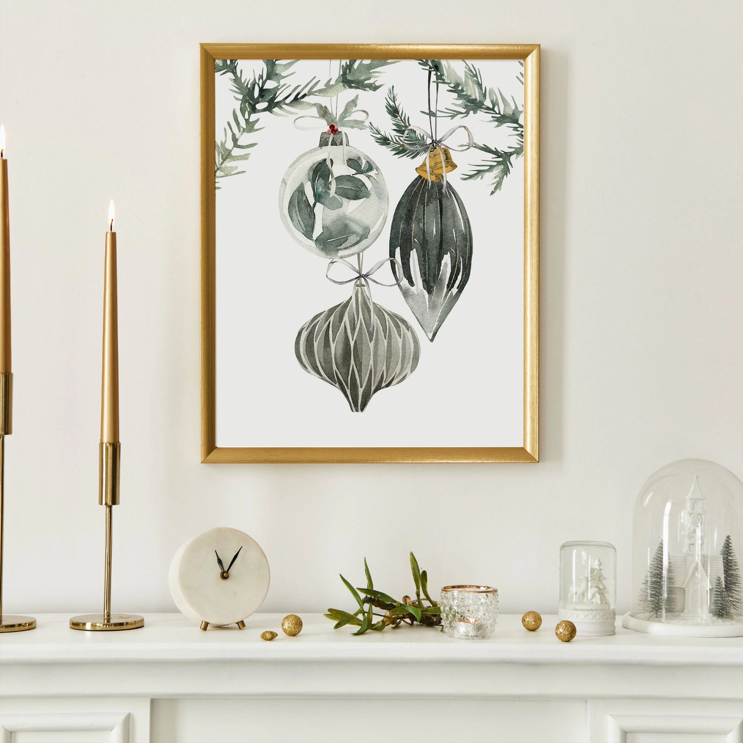 Ornament Christmas art print featuring watercolor tree ornaments on a wall, beautifying the holiday decor.