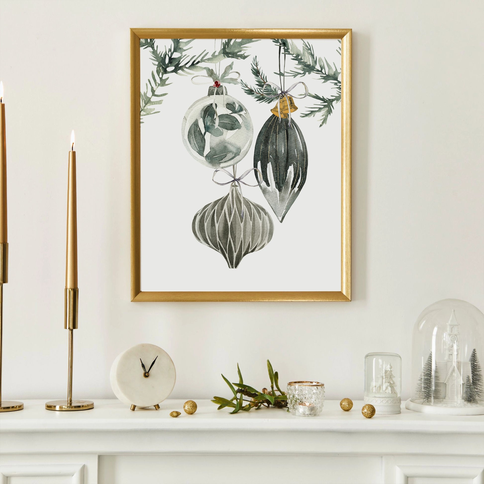 Ornament Christmas art print featuring watercolor tree ornaments on a wall, beautifying the holiday decor.