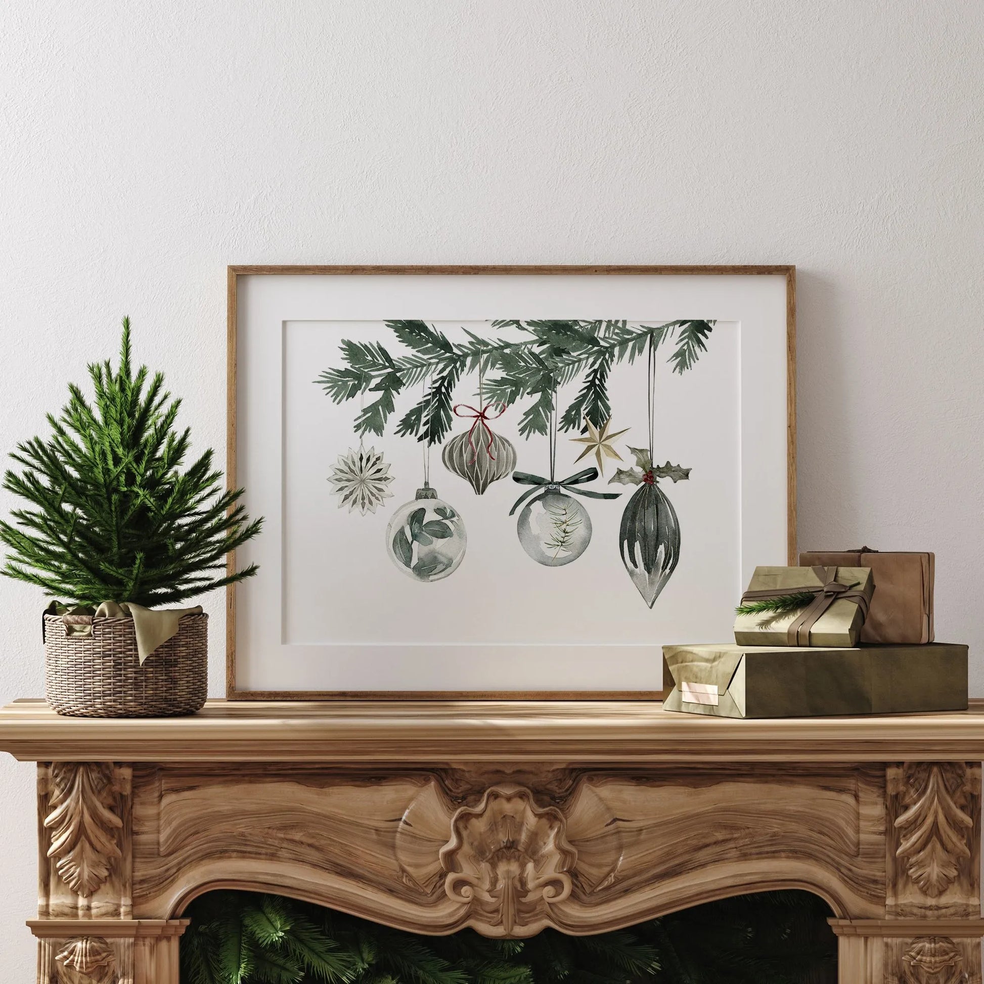 Watercolor Ornaments Christmas Print Art featuring hanging ornaments on a mantel, perfect for festive décor.